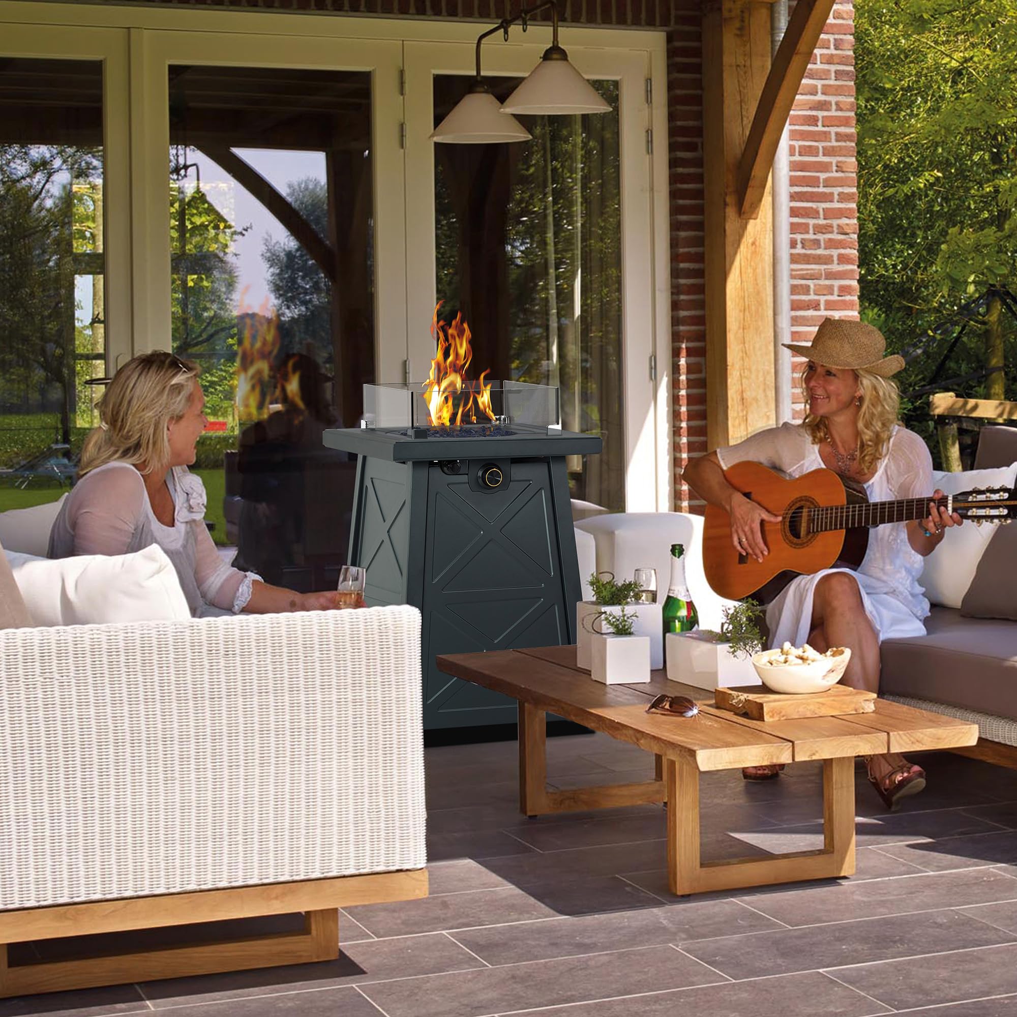 19.5 Inch Steel Outdoor Gas Fire Pit - 40,000 BTU Modern Patio Fireplace with Glass Rocks, Cover & Wind Guard - Perfect for Backyard, Deck, Garden & Poolside Gatherings
