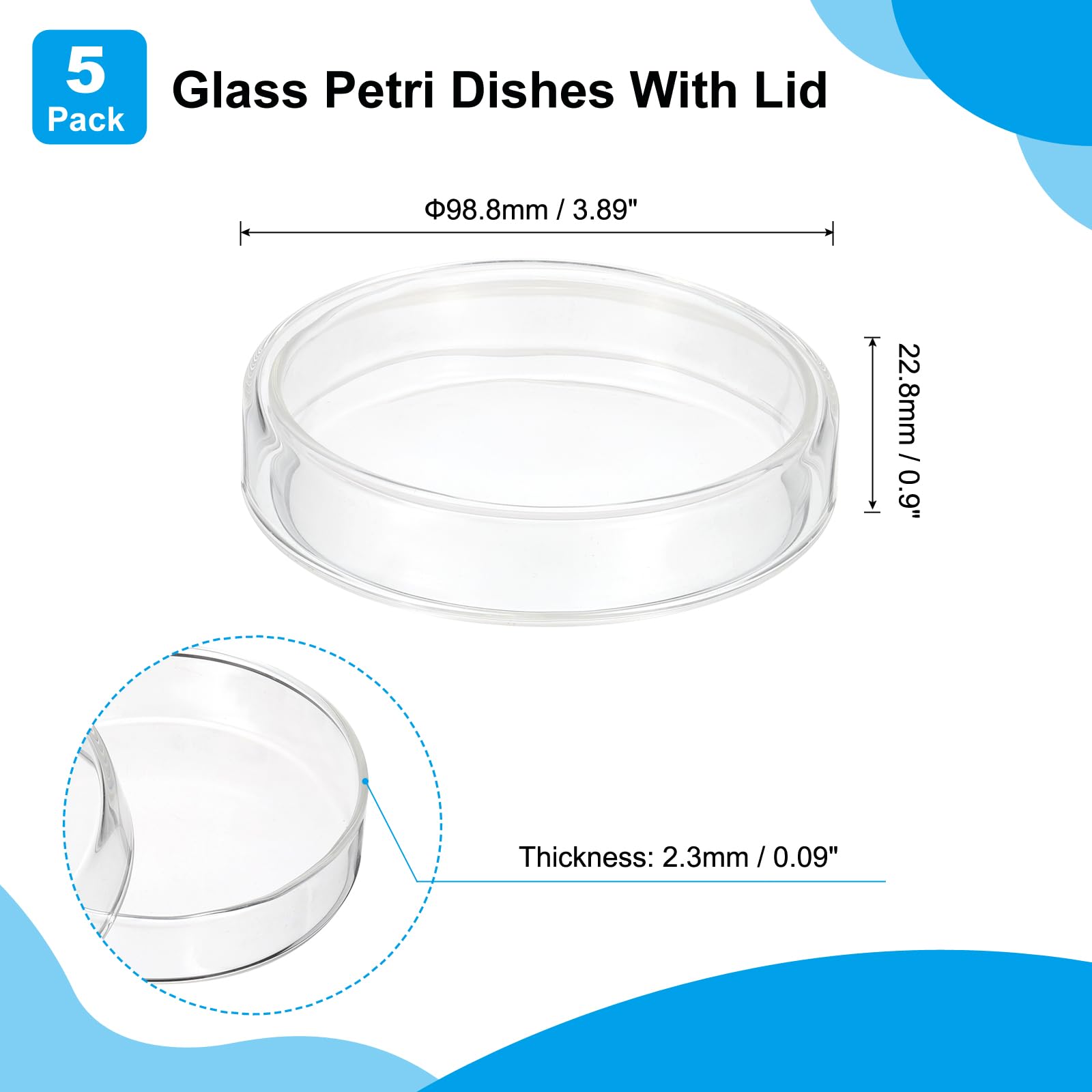 90mm High Borosilicate Glass Petri Dishes with Lids - 5 Pcs Lab Petri Plates for Science Experiments, Microbiology, Cell Culture & Classroom Use - Clear Borosilicate Glass
