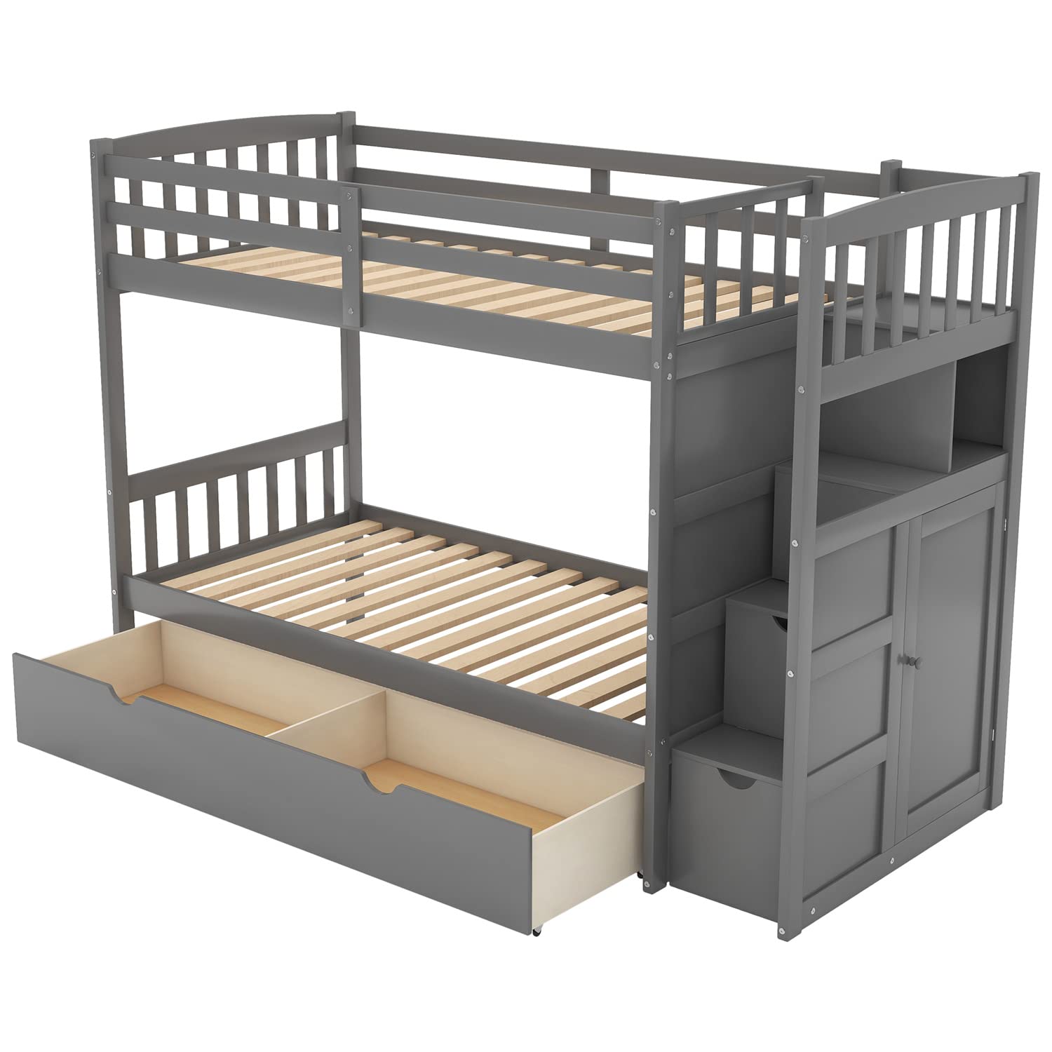 JINS&VICO Twin Over Twin/Full Bunk Bed with Convertible Bottom Bed, Storage Cabinet & 2 Drawers - Space-Saving Wooden Bunk Bed Frame with Staircase in Gray - Perfect for Kids' Bedrooms, Guest Rooms & Small Spaces