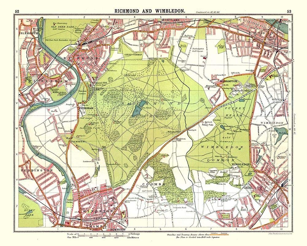Vintage 1921 Bartholomew Poster Print - Richmond Wimbledon London UK Map | 36 x 24 Inch Wall Art Decor | Multicolor Historical Home & Office Decoration | Perfect for Tennis Fans, Map Collectors & British History Enthusiasts