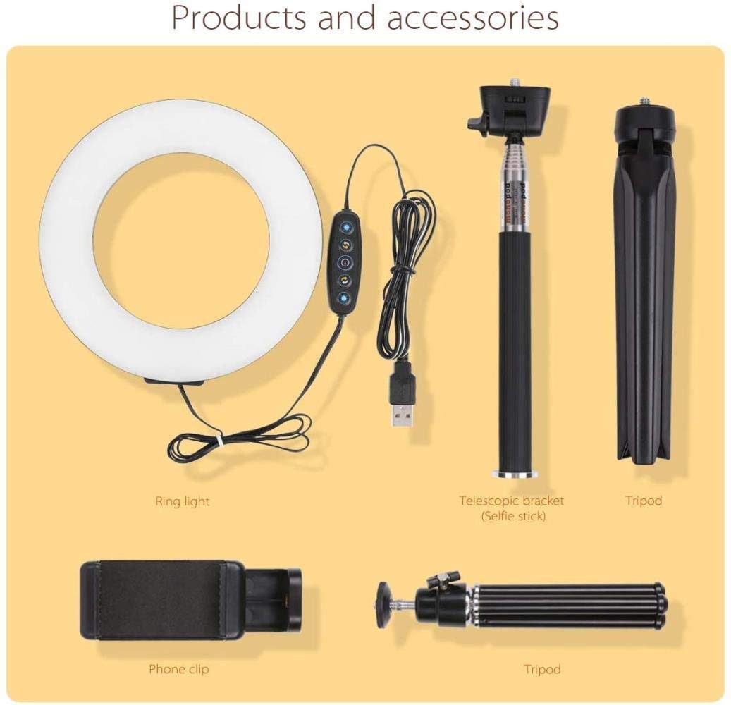6 Inch LED Ring Light with Tripod Stand - Dimmable Selfie Light for Phone/Desktop, Portable Photography Lighting for Live Streaming, YouTube Videos, TikTok & Video Calls (White Light, 6