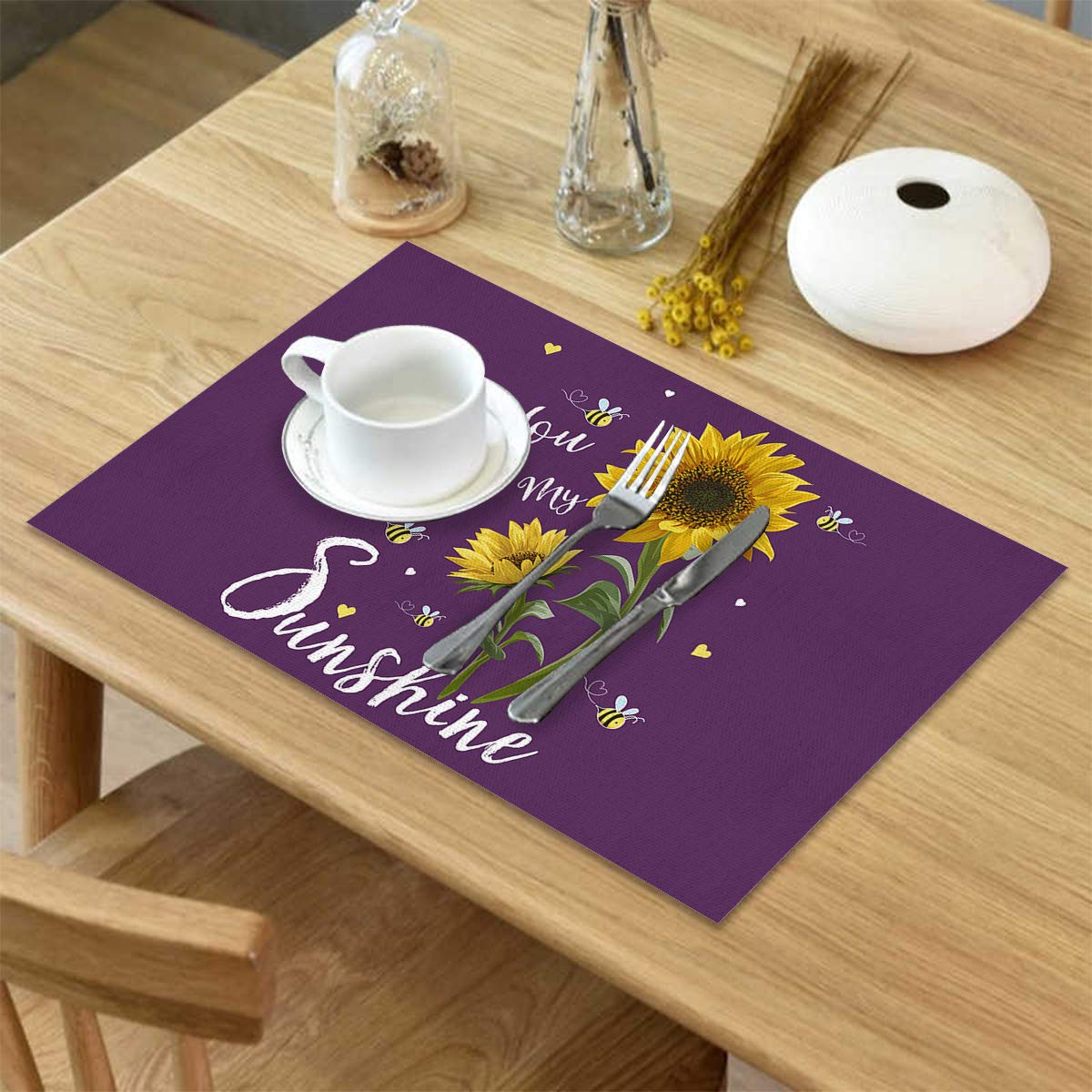 Rustic Sunflower with Bee Placemats Set of 4 - Heat Resistant & Washable Burlap Table Mats for Round Dining Table | Perfect for Indoor Kitchen, Outdoor Patio, and Picnic Use | YOU ARE MY SUNSHINE Purple Decorative Placemats
