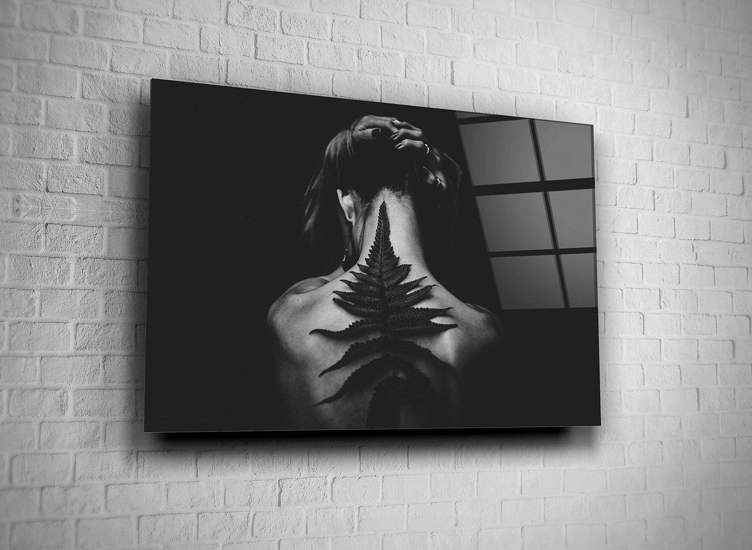 Black and White Girl With Leaf Tempered Glass Wall Art - 16x24 Modern Home, Office & Hotel Decor - Perfect Gift for Nature Lovers & Art Enthusiasts - Ideal for Living Rooms, Bedrooms, Reception Areas