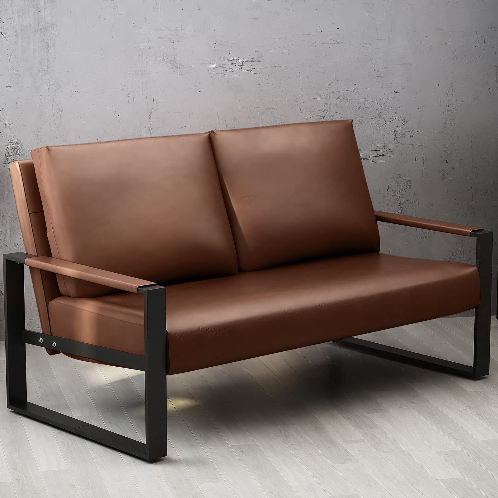 Mid-Century Faux Leather Loveseat Sofa - 2-Seat Small Couch for Bedroom, Office & Living Room | Brown PU Leather Upholstered Compact Sofa for Small Spaces | Perfect for Apartments, Dorms & Cozy Home Decor
