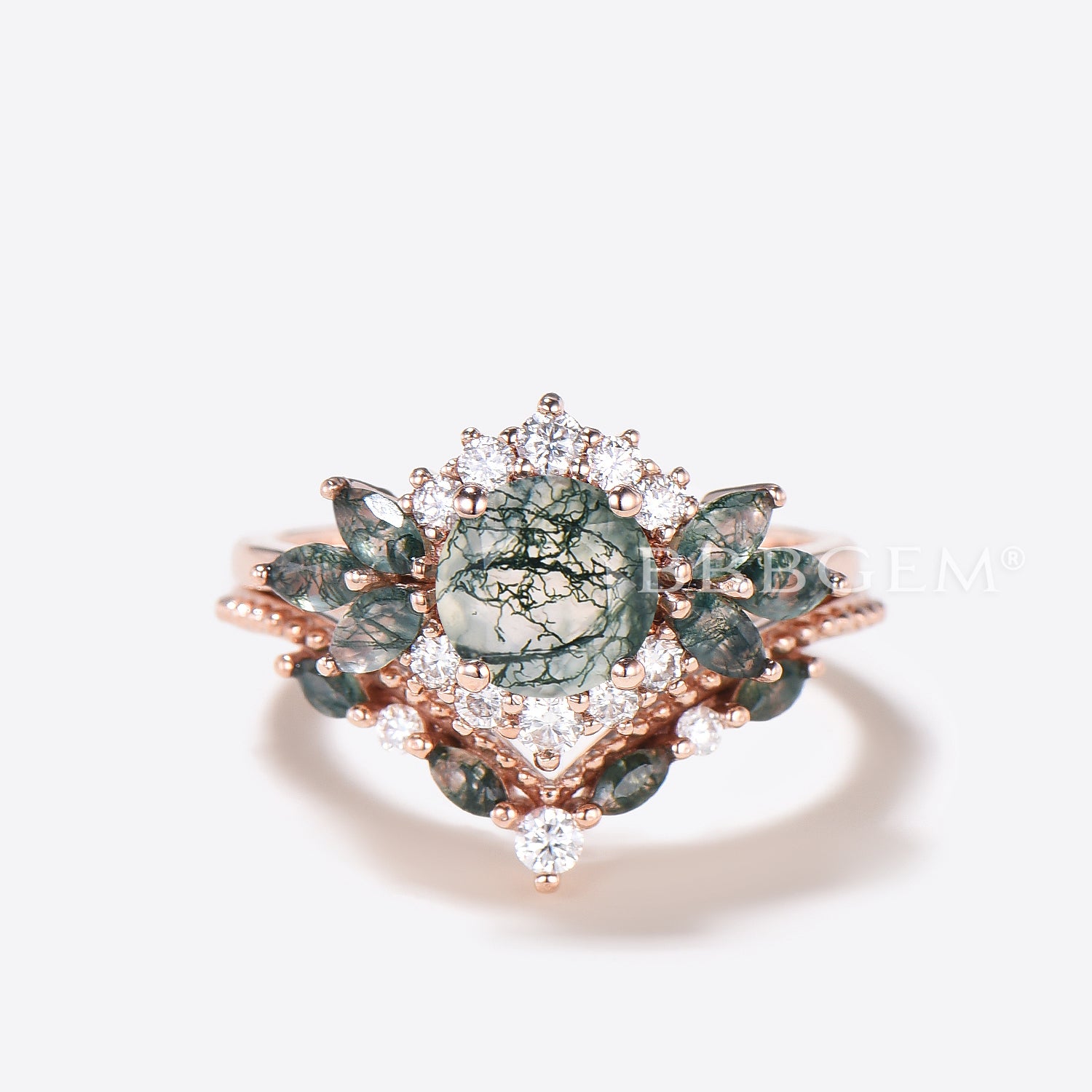 Natural Moss Agate Cluster Diamond Halo Ring - Round Cut Green Agate Bridal Set for Engagement, Wedding & Anniversary Jewelry Gift
