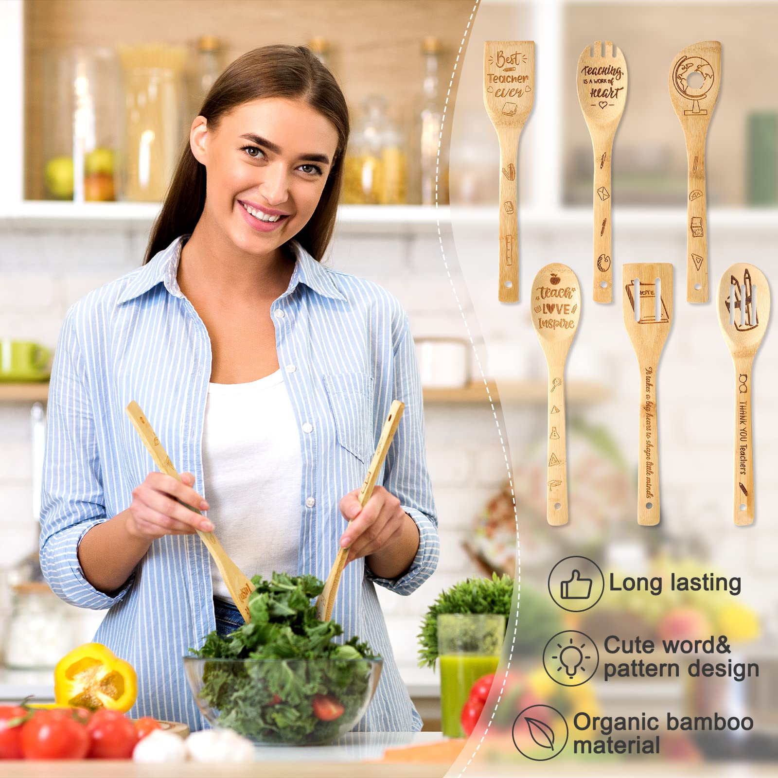 Remerry 12-Piece Teacher Appreciation Gift Set - 3 Heat-Resistant Potholders, Oven Mitt, 6-Piece Bamboo Kitchen Utensil Set & 3 Thank You Cards - Perfect Cooking & Baking Gifts for Women Teachers