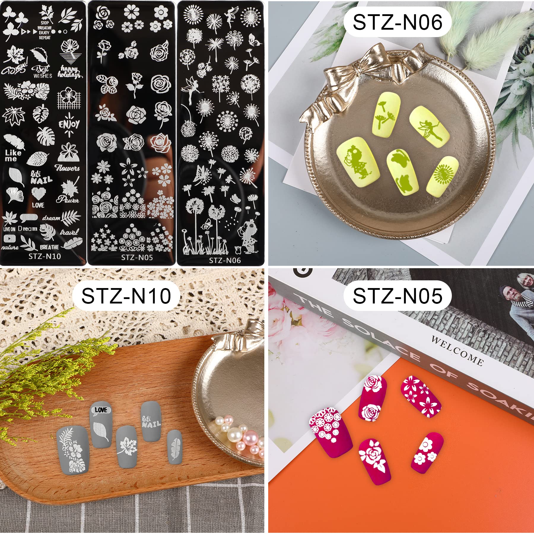 10Pcs Nail Stamp Plate Kit with 6Pcs Nail Art Templates, 2 Stampers & 2 Scrapers - Animal Flower Leaf Design Nail Art Plates for Women & Kids - Perfect for DIY Manicures, Nail Salon Decorations & Party Nail Art Designs