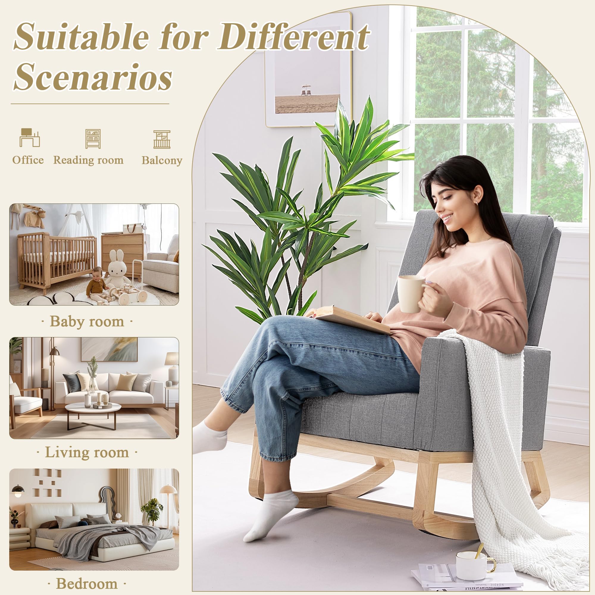 VECELO Modern Upholstered Nursery Rocking Chair with Padded Seat, High Backrest, USB Port & Side Pocket - Comfortable Glider Rocker for Living Room, Bedroom, Nursery, Office & Balcony Relaxation
