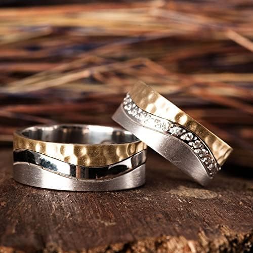 14K Gold Plated Hammered Wedding Ring Set - Matching Couple Bands for Men & Women, Personalized Silver Wedding Rings - Perfect for Anniversaries, Engagements & Vow Renewals