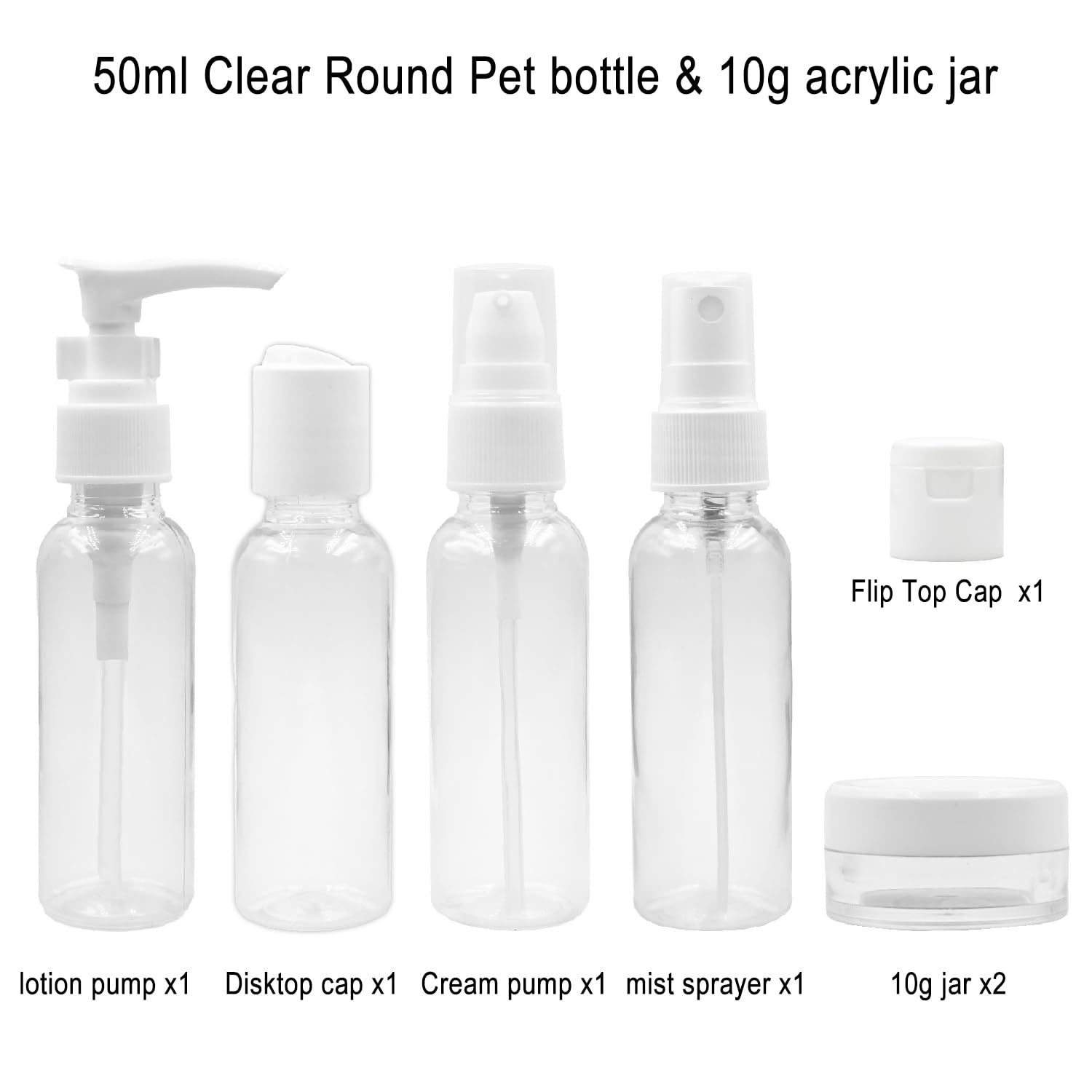Happy Packaging 7-Piece Travel Bottles Kit - Leak Proof Refillable Toiletry Containers Set for Shampoo, Lotion, Cream & Mist Spray | Portable Cosmetic Jars for Airplane, Gym & Vacation (4 Bottles, White)