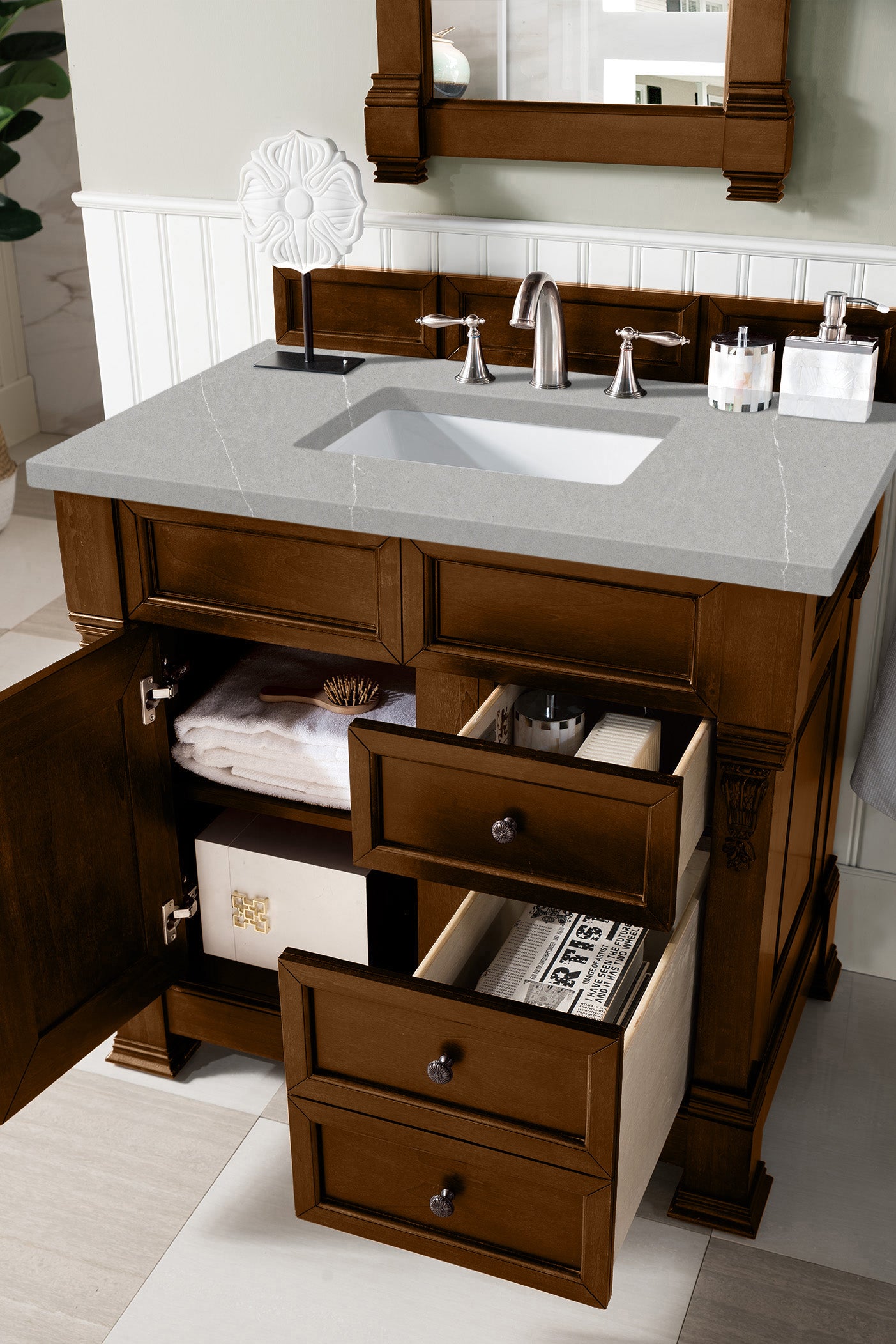 Brookfield 36 Inch Single Bathroom Vanity with Country Oak Finish & 3CM Eternal Serena Quartz Top - Perfect for Modern Farmhouse & Rustic Bathroom Decor