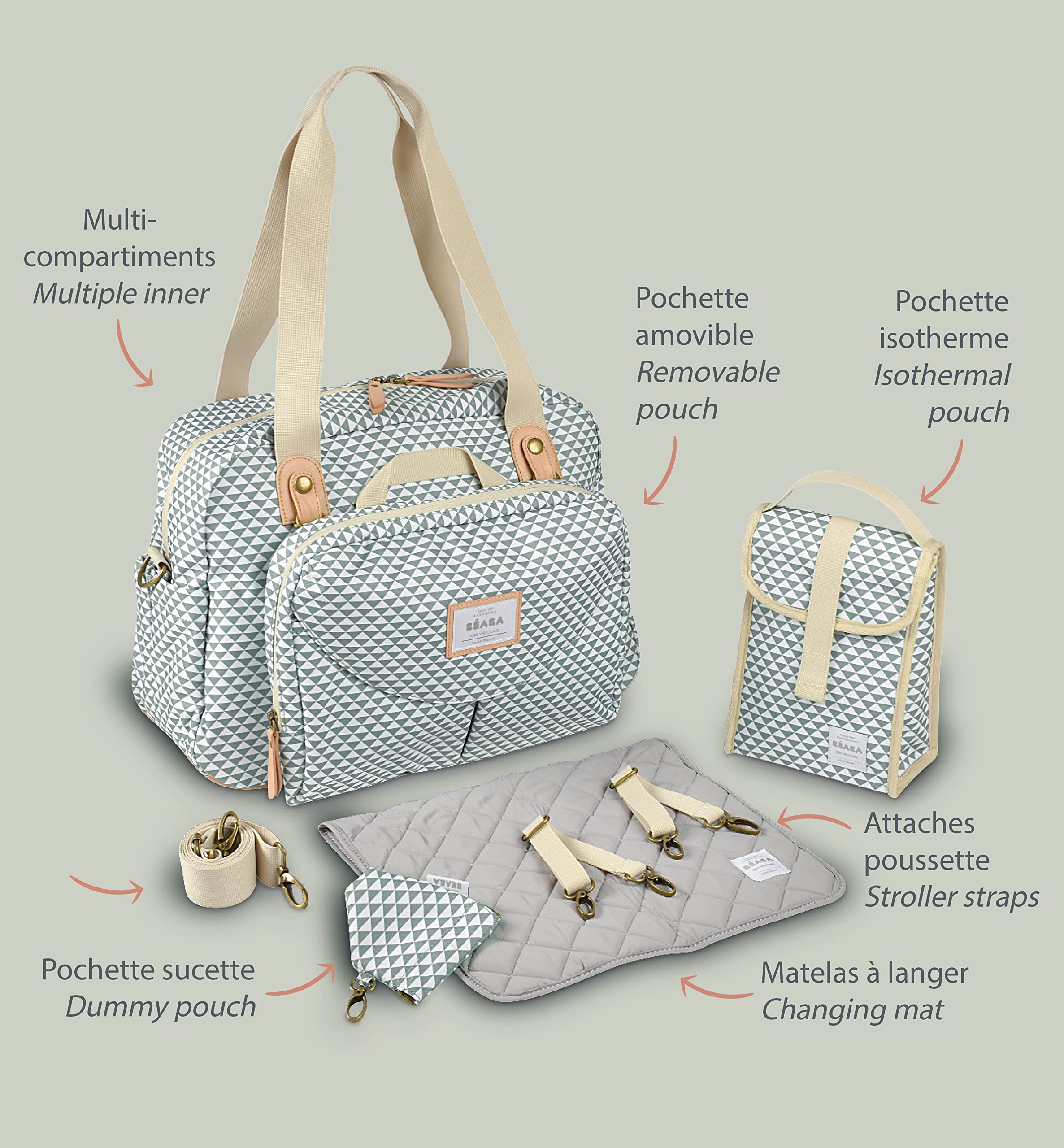 BEABA Geneva II Baby Changing Bag - Large Capacity Diaper Bag with Multiple Storage Pockets, Removable Front Pocket & Stroller Attachment | Includes Changing Mat & Insulated Lunch Pocket | Perfect for Travel, Daycare & On-the-Go Parents (Sage Green)