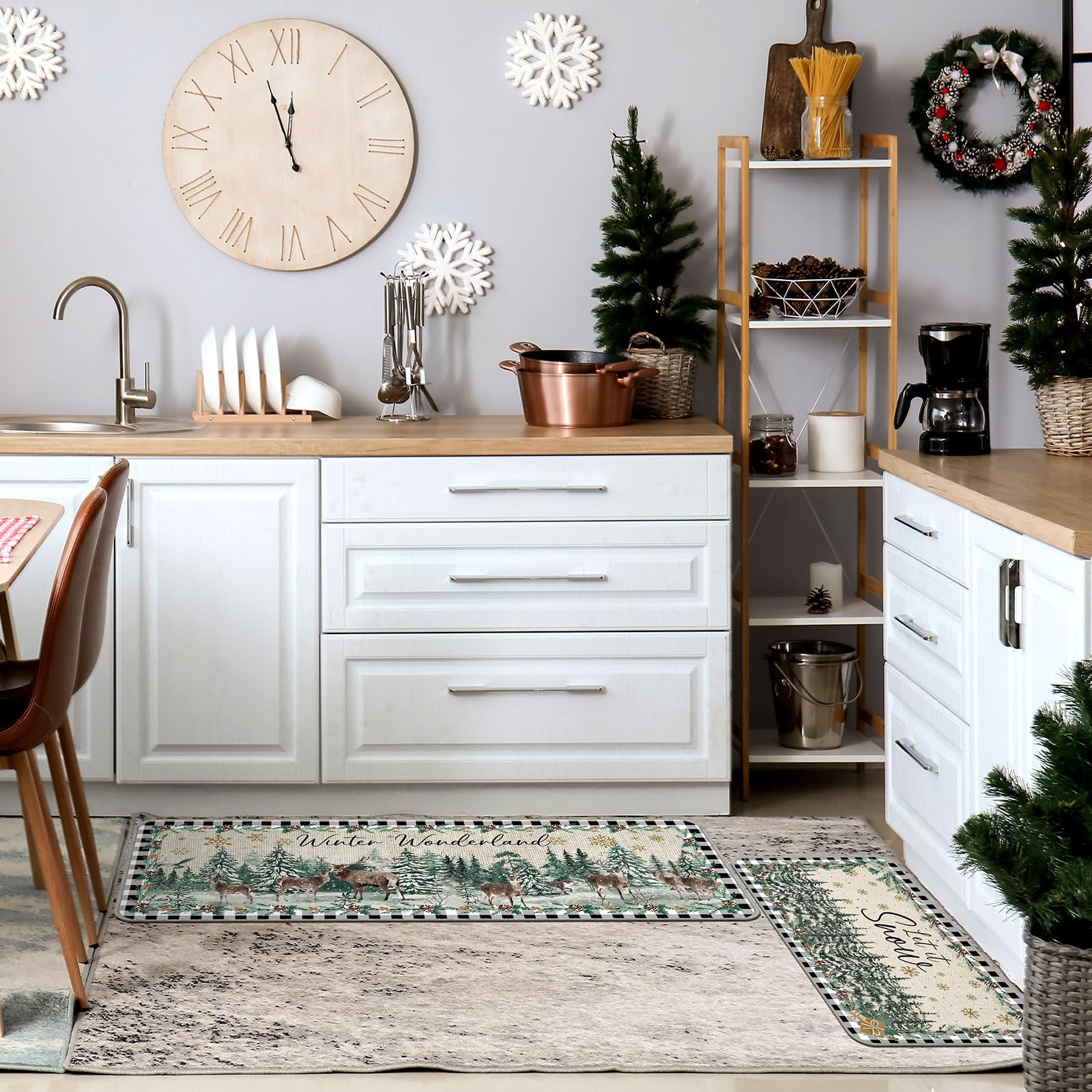 3-Piece Winter Wonderland Non-Slip Kitchen Mat Set - Waterproof Washable Floor Rugs for Farmhouse Decor, Holiday Home, Office, Bathroom & Party - Cozy Rustic Floor Mats for Christmas Decorations & Winter Gatherings