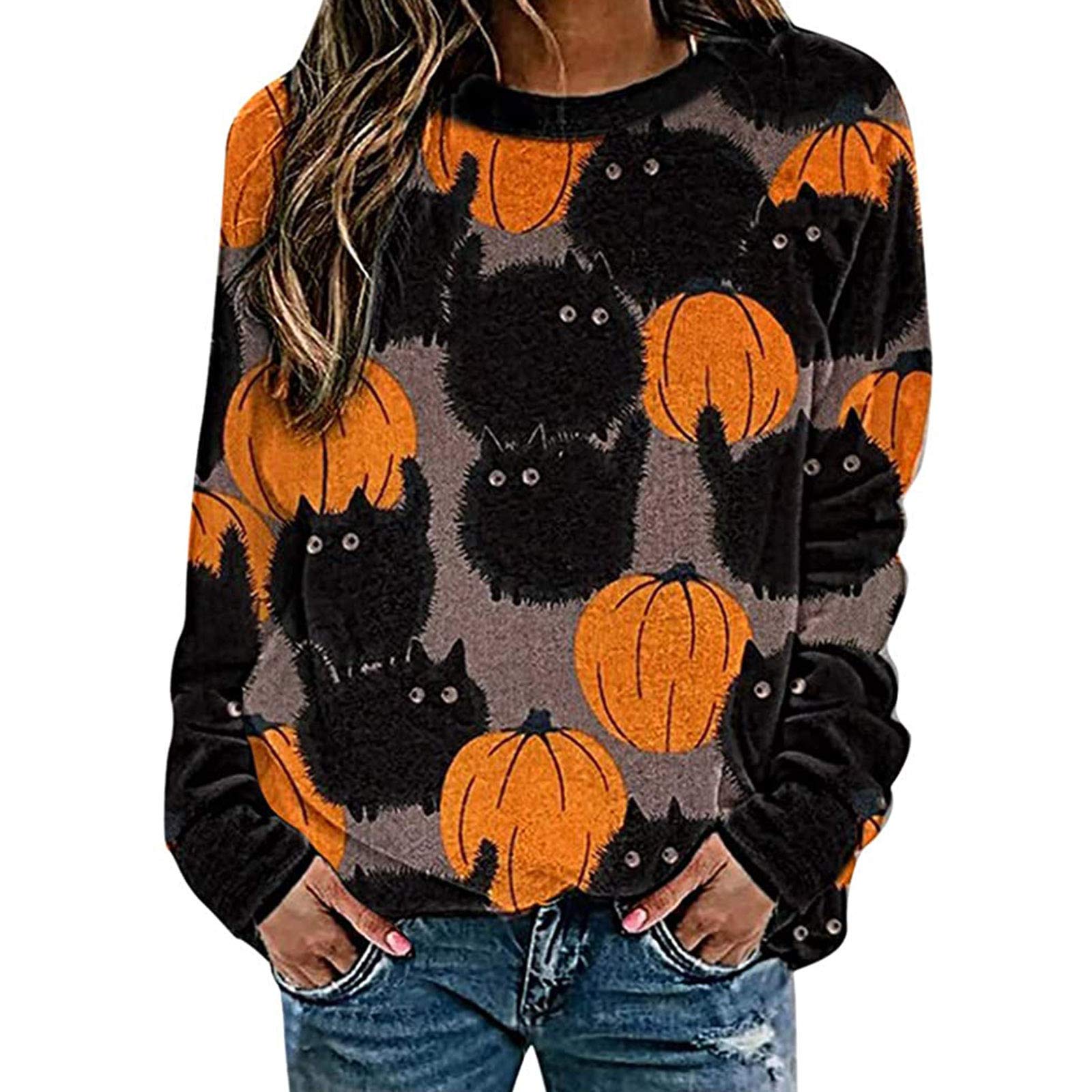 Women's Halloween Sweatshirt - Pumpkin Cat Print Loose Long Sleeve Crewneck Pullover Top | Cute Fall Outfit for Pumpkin Patch, Halloween Party & Cozy Autumn Days