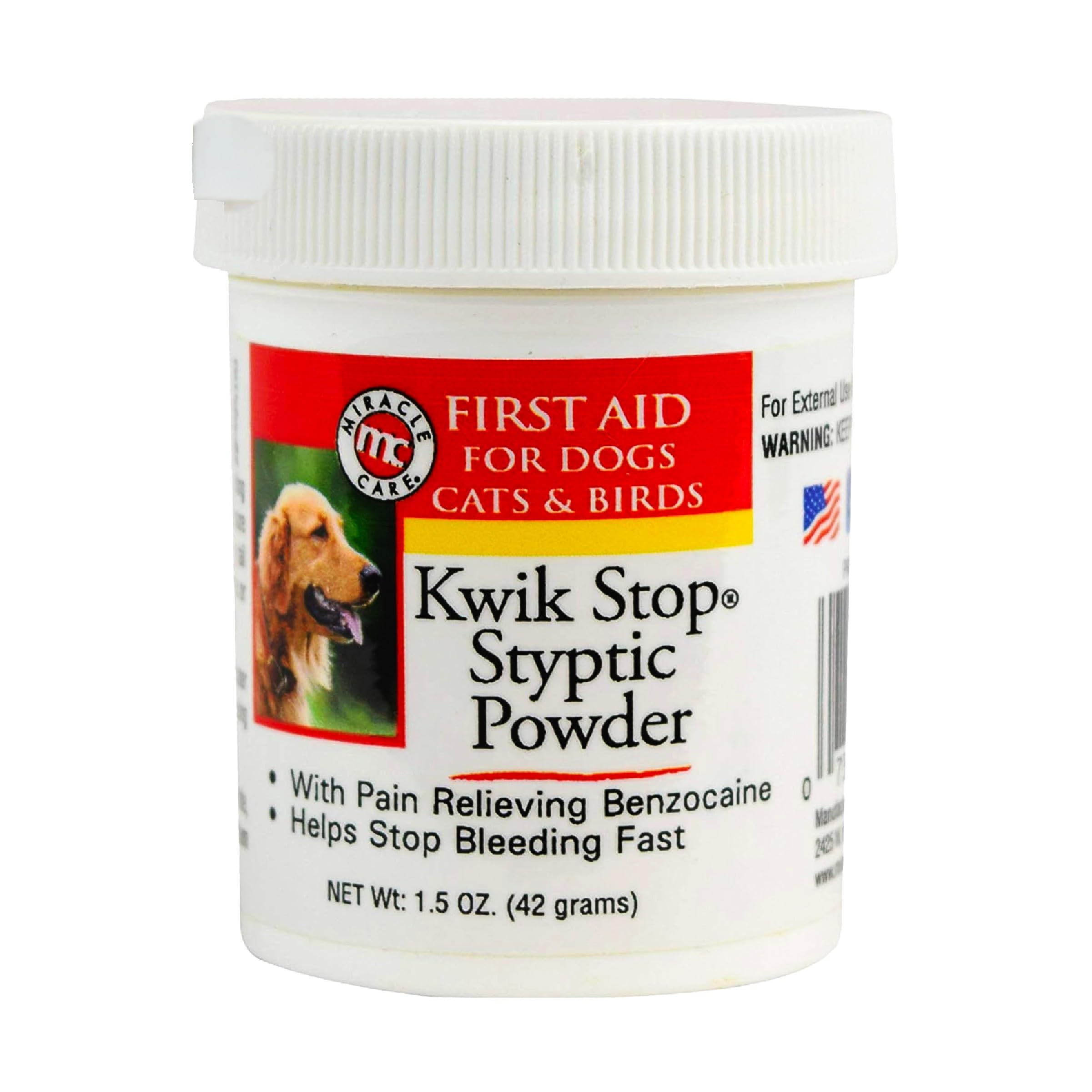 Miracle Care Kwik Stop Styptic Powder for Dogs, Cats & Birds - Fast-Acting Pet Blood Clotting Powder | Stops Bleeding from Nail Trimming, Minor Cuts & Grooming Accidents | 1.5 oz | Perfect for Home Pet Care & First Aid Kits