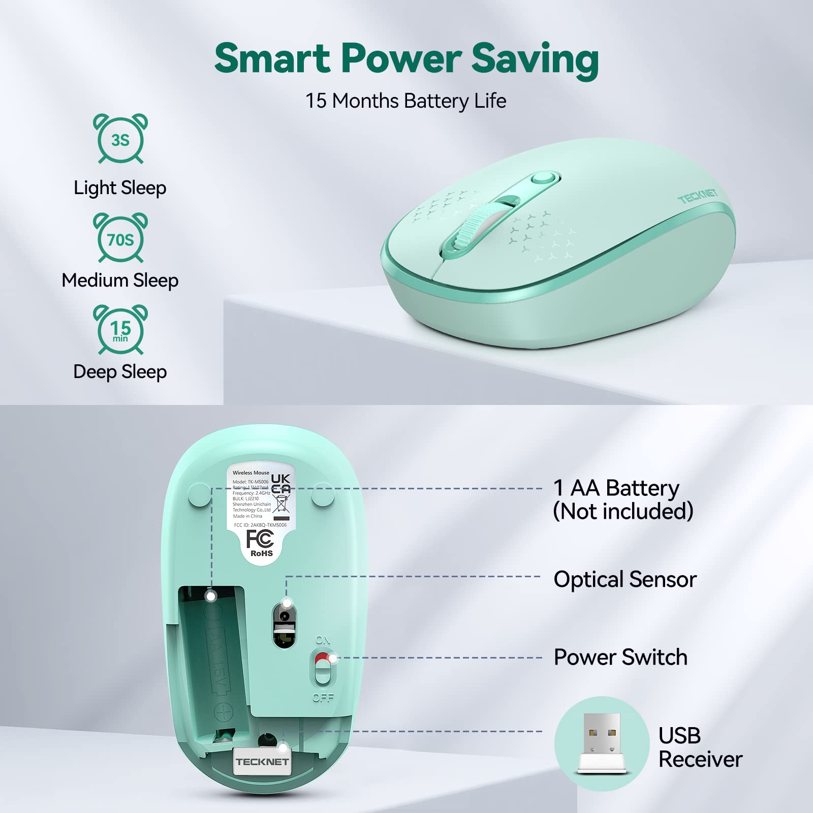 TECKNET 2.4G Wireless Quiet Mouse for Laptop, PC, Mac, Chromebook - 4 Buttons, 800/1200/1600 DPI, USB Receiver, Portable Cordless Design in Mint Green for Office, Home, and Travel Use