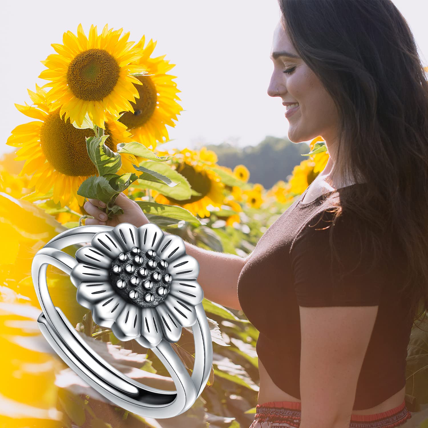 925 Sterling Silver Flower Ring - Vintage Sunflower, Lotus, Rose & Mandala Boho Stackable Adjustable Celtic Rings for Women | Unique Jewelry Gift for Christmas, Party, Festival & Everyday Wear | Thumb Ring, Layering Ring, Fashion Statement