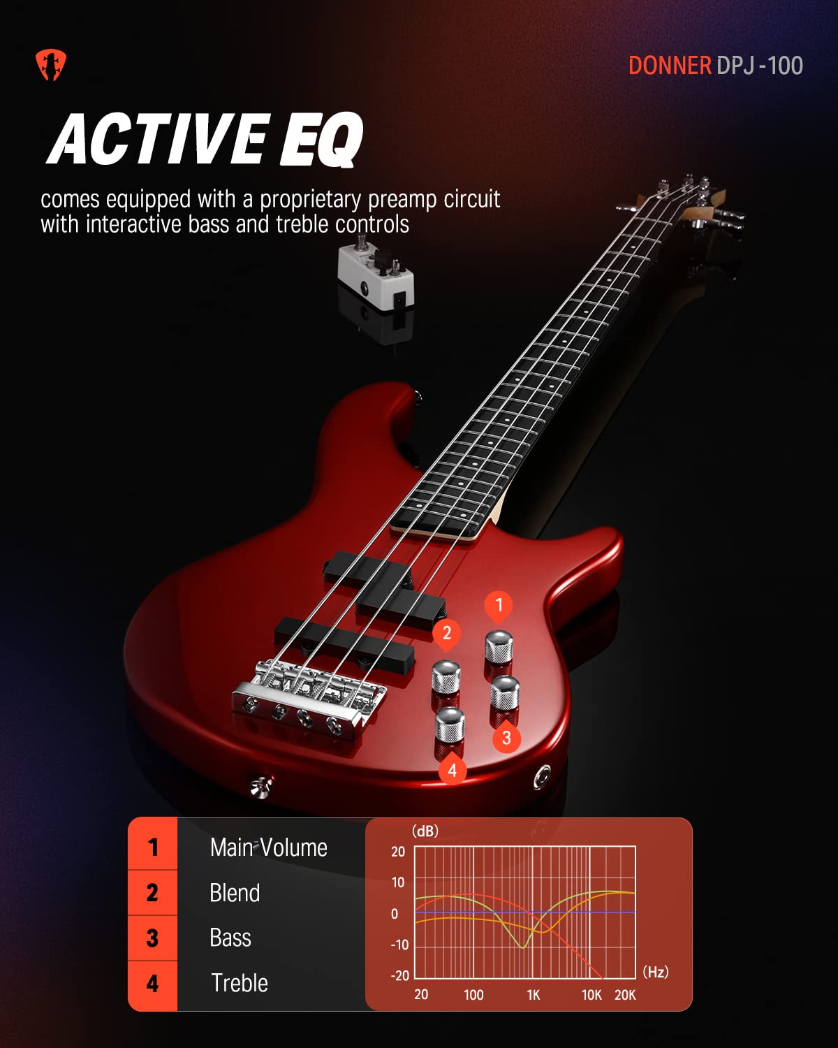 **Donner DPJ-100 4-String Full-Size Electric Bass Guitar for Adults – PJ-Style Pickups, Red with Gig Bag, Strap & Cable – Perfect for Beginners, Practice & Live Performances**