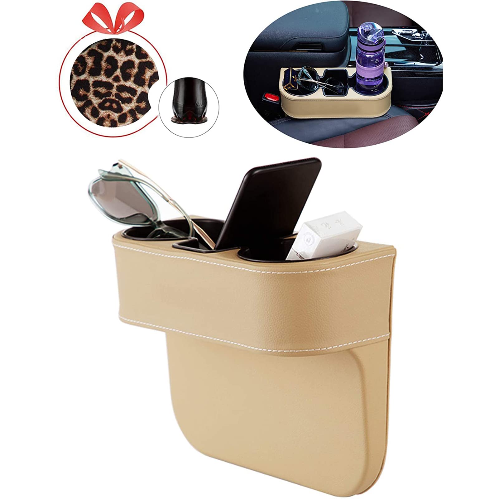 Premium PU Leather Car Cup Holder Organizer - Seat Gap Filler with Phone & Drink Storage | Universal Fit for SUV, Truck & Sedan | Perfect for Road Trips, Commuting & Family Travel (Beige)