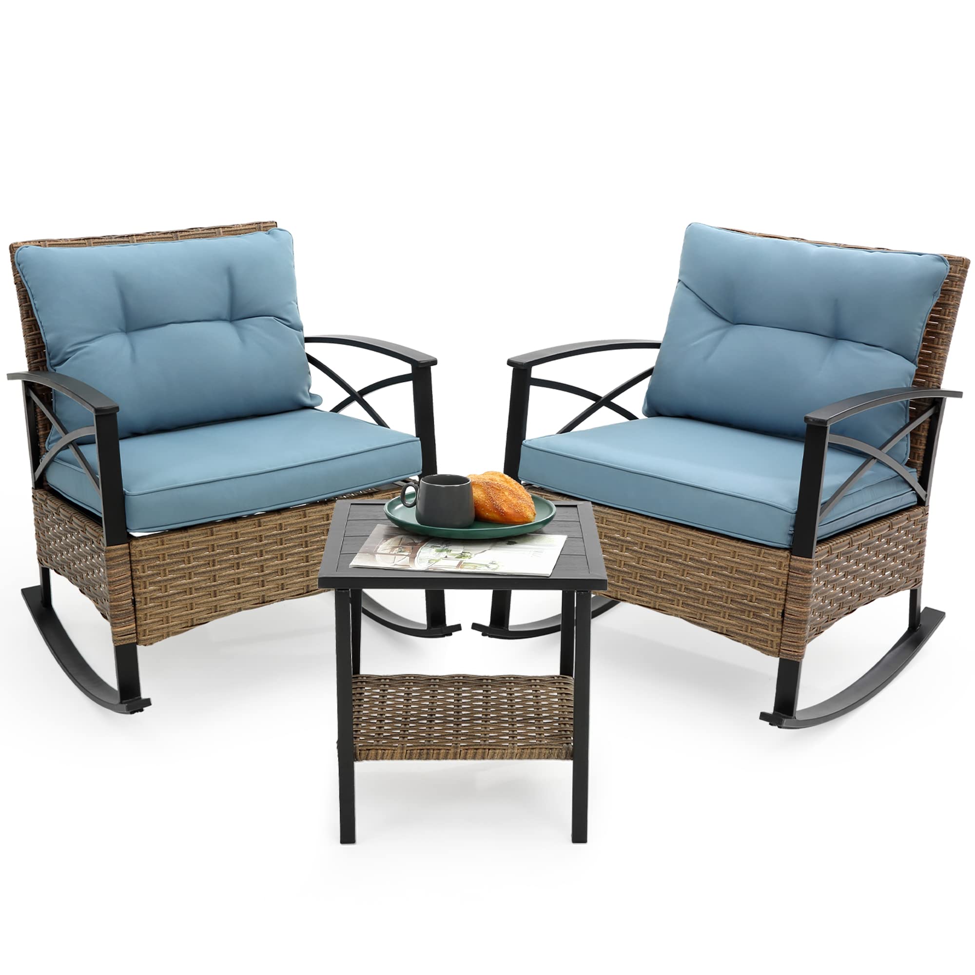 3-Piece Outdoor Rocking Chair Set - Patio Bistro Furniture with 2 Wicker Rockers & Blue Cushions + Table - Perfect for Porch, Lawn, Garden & Backyard Relaxation