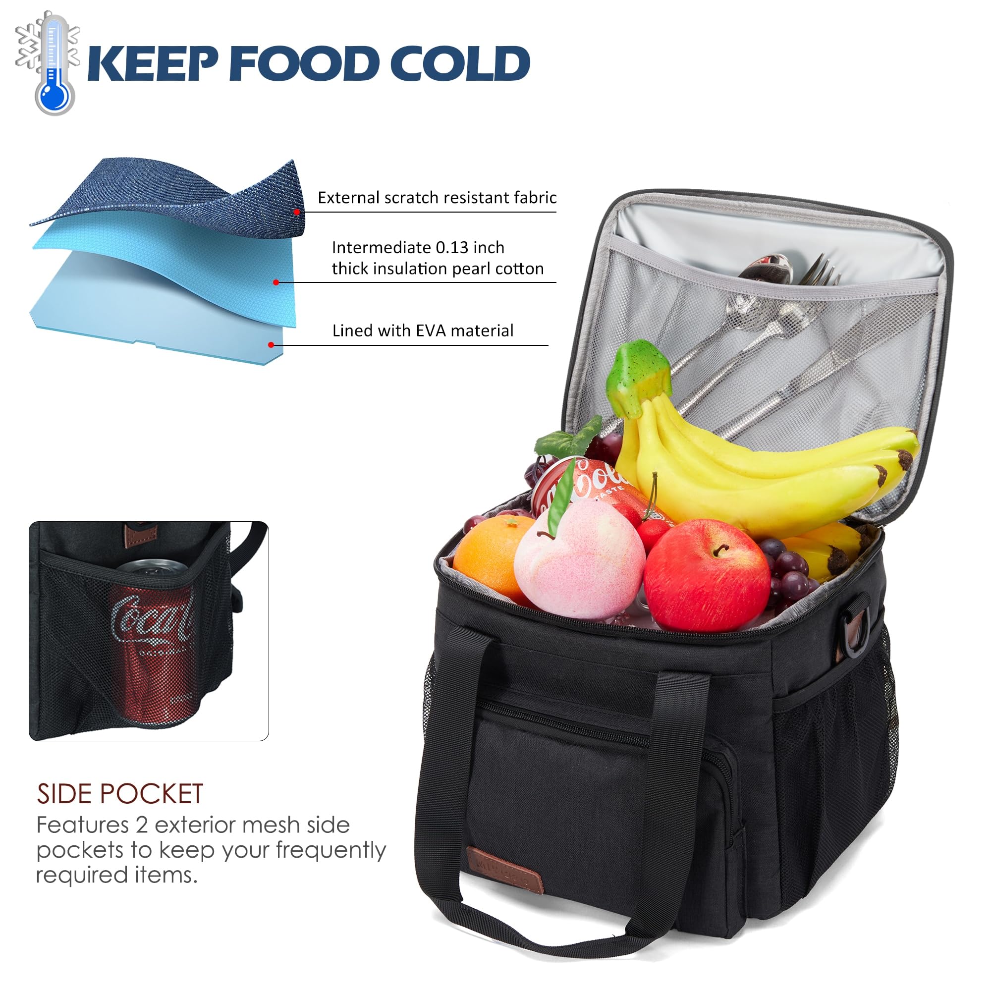 MIYCOO Insulated Lunch Bags for Men & Women - Large 12L Leakproof Soft Cooler Tote Bag (Black) - Perfect for Work, School, Picnics & Outdoor Activities