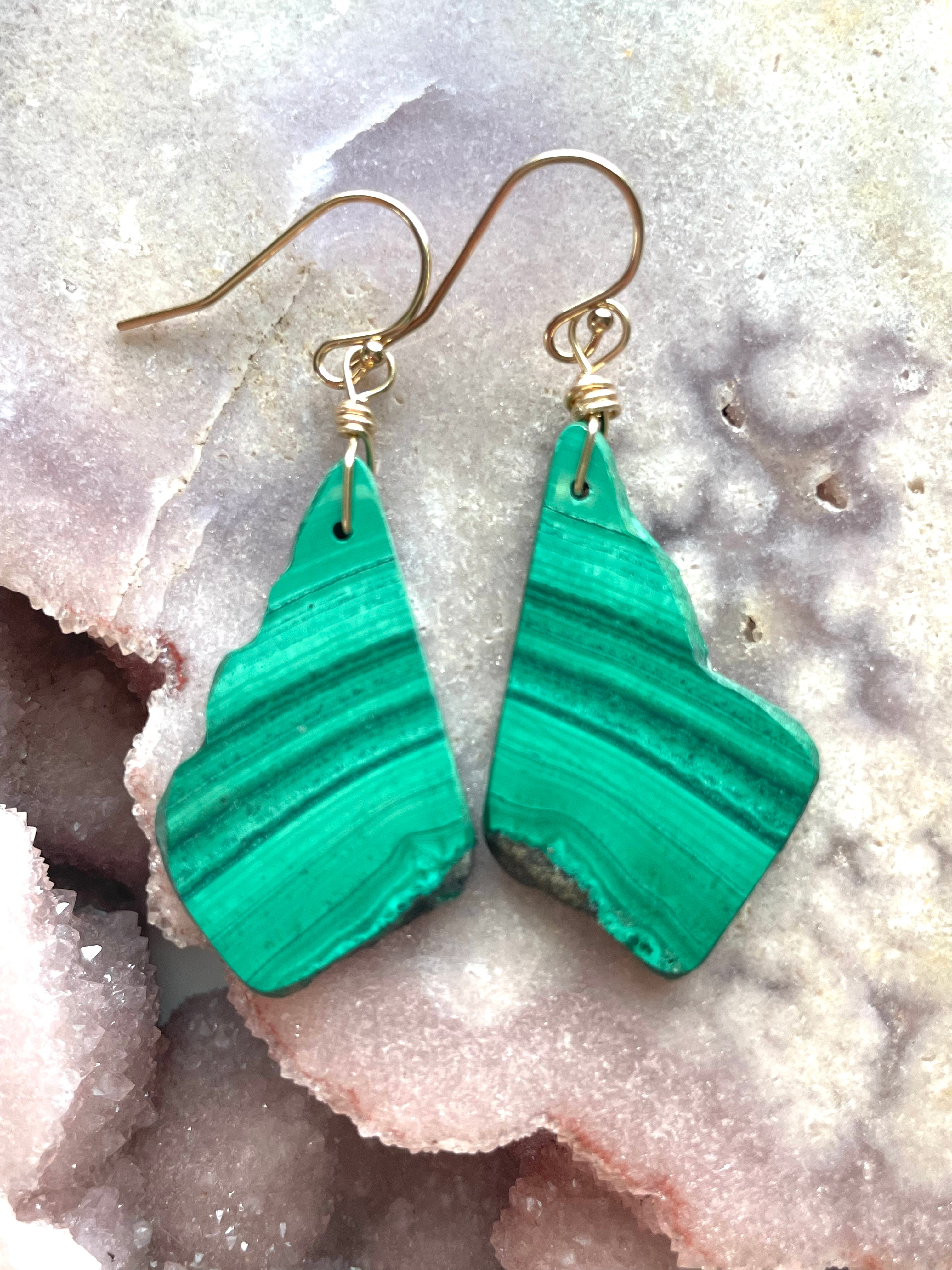 14kt Gold Filled Long Malachite Crystal Dangle Earrings - Handmade Boho Chic Jewelry for Women, Gift for Her | Perfect for Parties, Weddings & Special Occasions