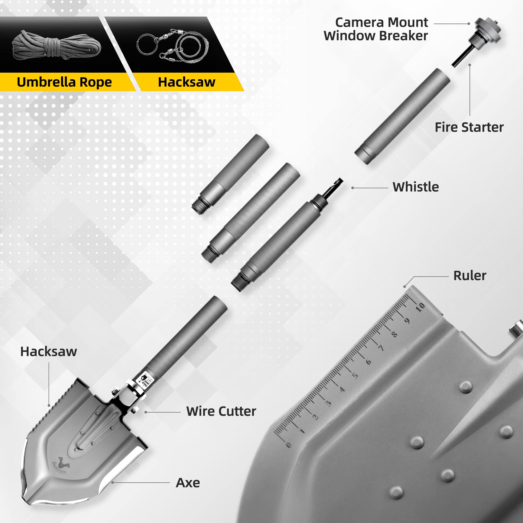 18-in-1 Folding Tactical Shovel - High Carbon Steel Multitool Camping Spade | Compact Collapsible Survival Shovel for Hiking, Emergency Preparedness & Outdoor Adventures | Includes Carrying Bag (Model A-F1)