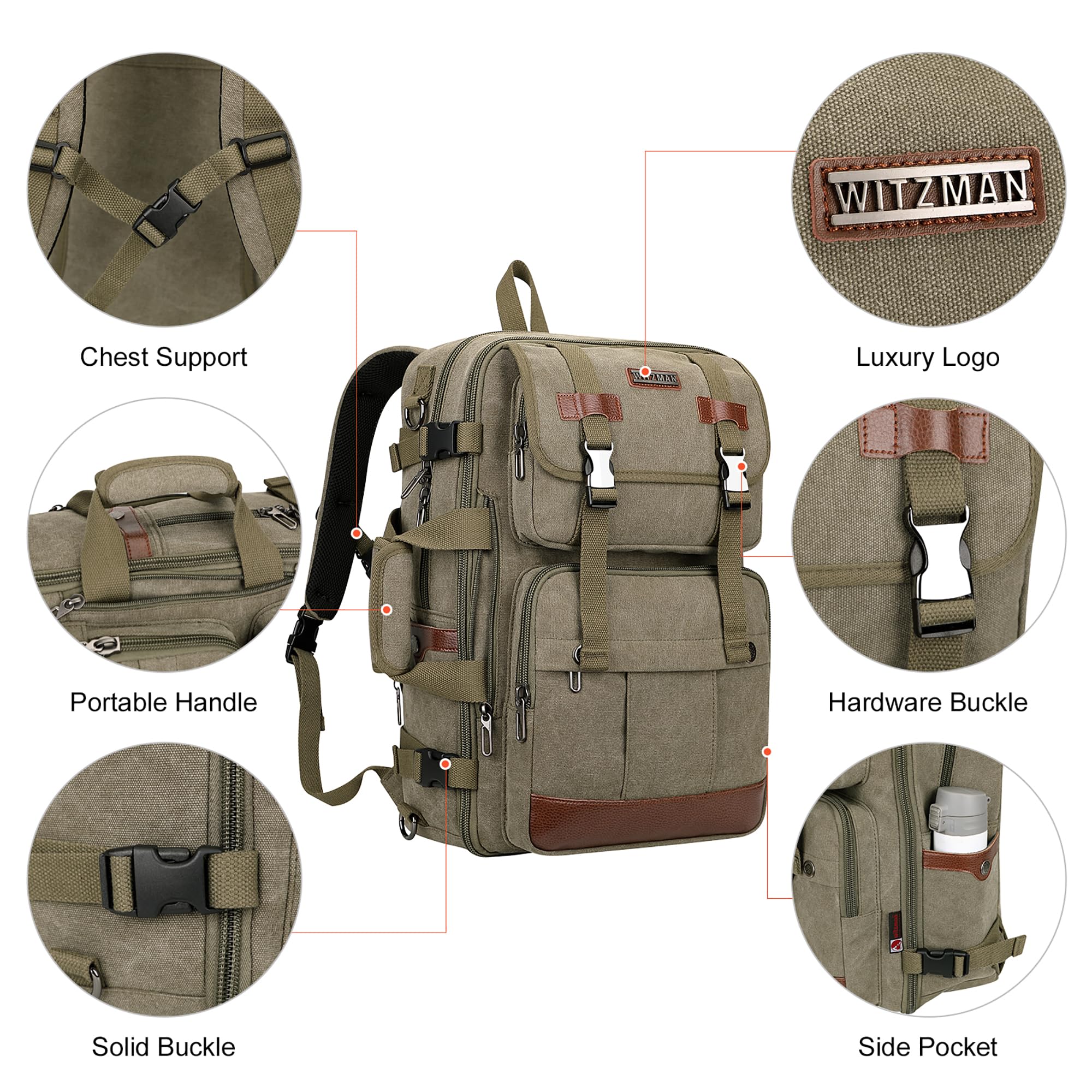 WITZMAN Men's Large Canvas Travel Backpack - 17 Inch Laptop Backpack, Airline Approved Carry-on, Convertible Shoulder Rucksack (Army Green) - Perfect for Business Trips, College & Outdoor Adventures