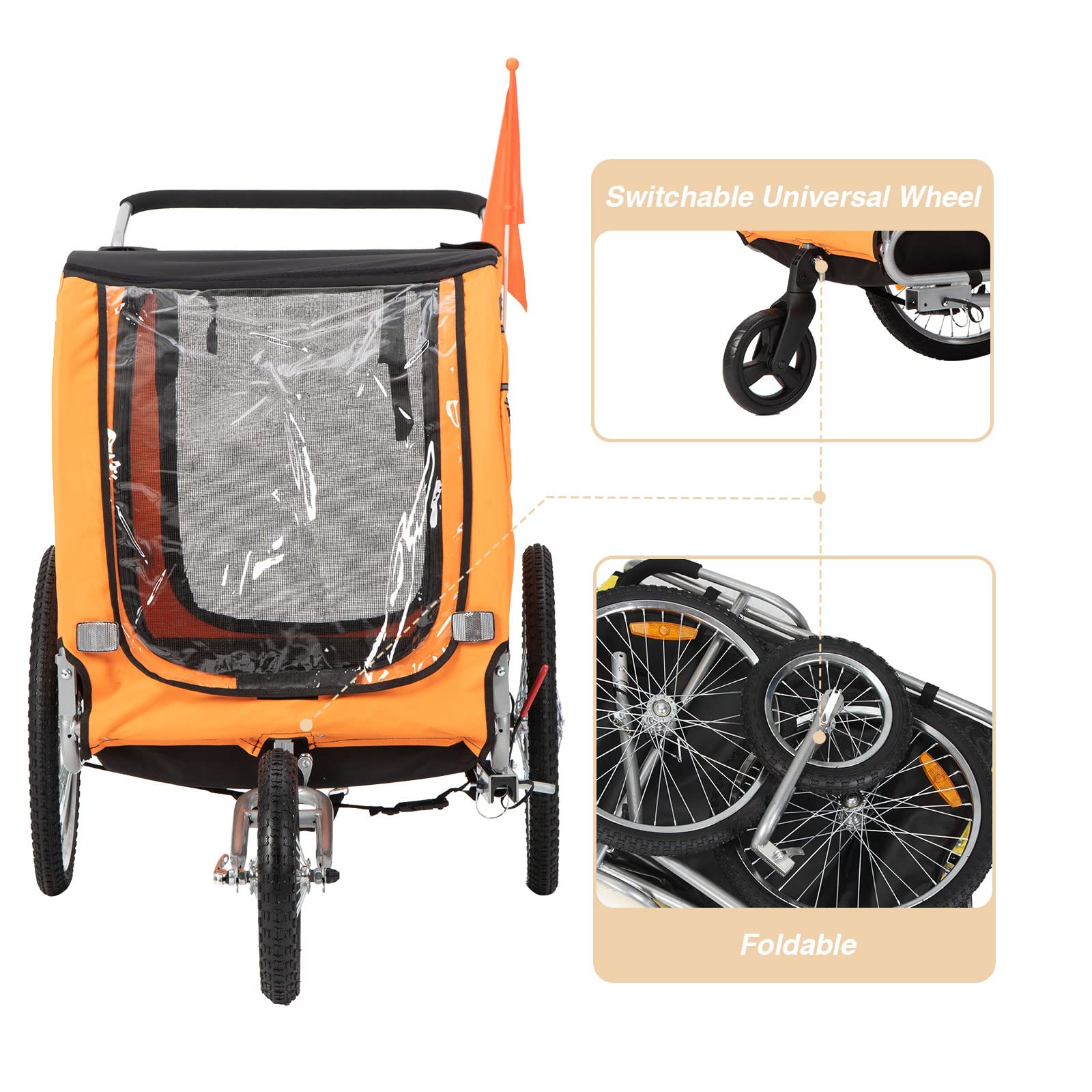 Sepnine & Leonpets 2-in-1 Large Dog Bike Trailer and Jogger - Foldable Pet Stroller with Hand Lock Brakes & Universal Bicycle Coupler for Cycling, Running, Outdoor Adventures (Orange)