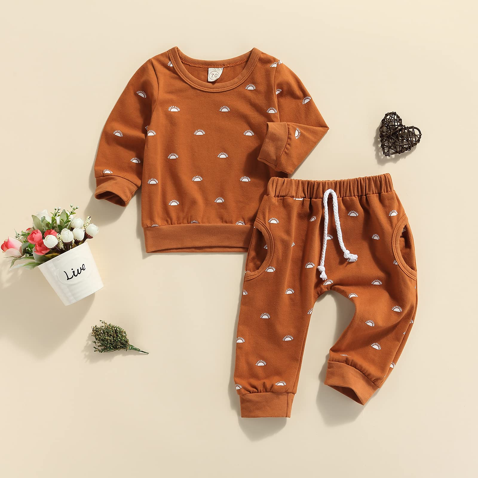 **Newborn Baby Boy & Girl 2-Piece Spring & Autumn Outfit Set – Sun Print Long Sleeve Crew Neck Pullover Sweatshirt & Pants (Brown Sun, 6-12 Months) – Perfect for Playdates, Family Photos & Casual Outings**