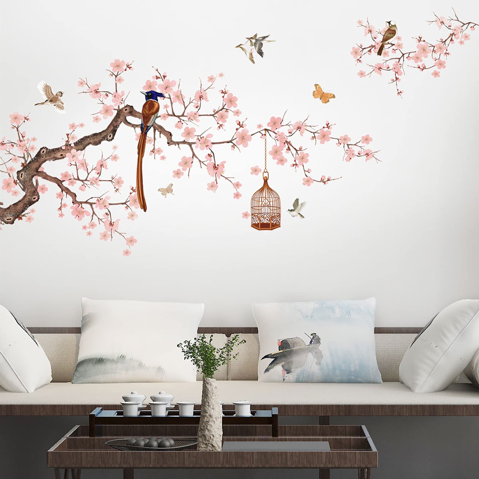 Chinese Style Pink Flower Wall Decals - Peel and Stick Wall Stickers for Living Room & Bedroom, Peach Pink Floral Wall Murals for Home Decor - Perfect for Nursery, Wedding Backdrop, and DIY Wall Art Projects