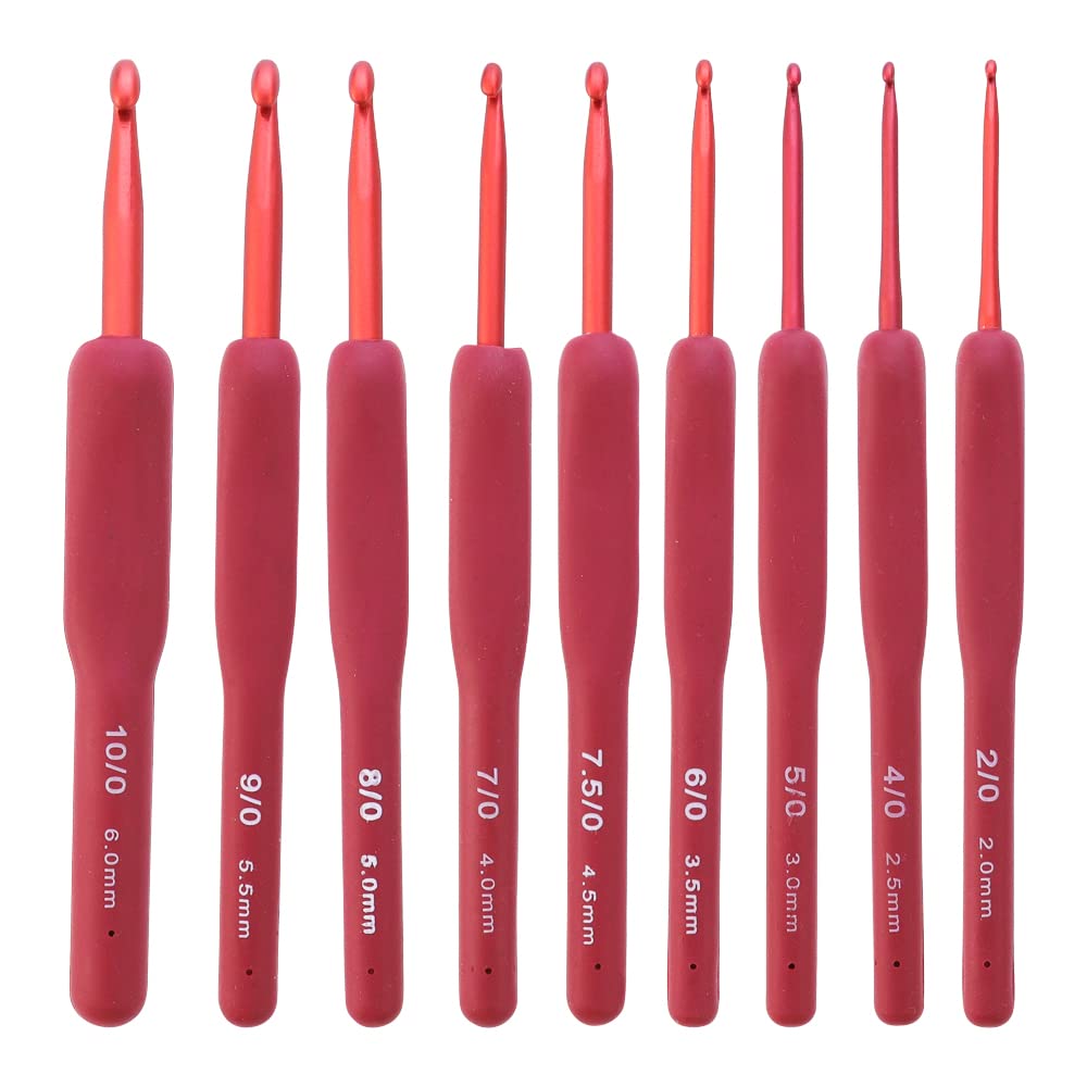 9 Sizes Aluminum Crochet Hooks Set with Ergonomic Handle - Knitting Needles for Yarn Craft, DIY Sweater, Blanket, Scarf & Hat Making Tools
