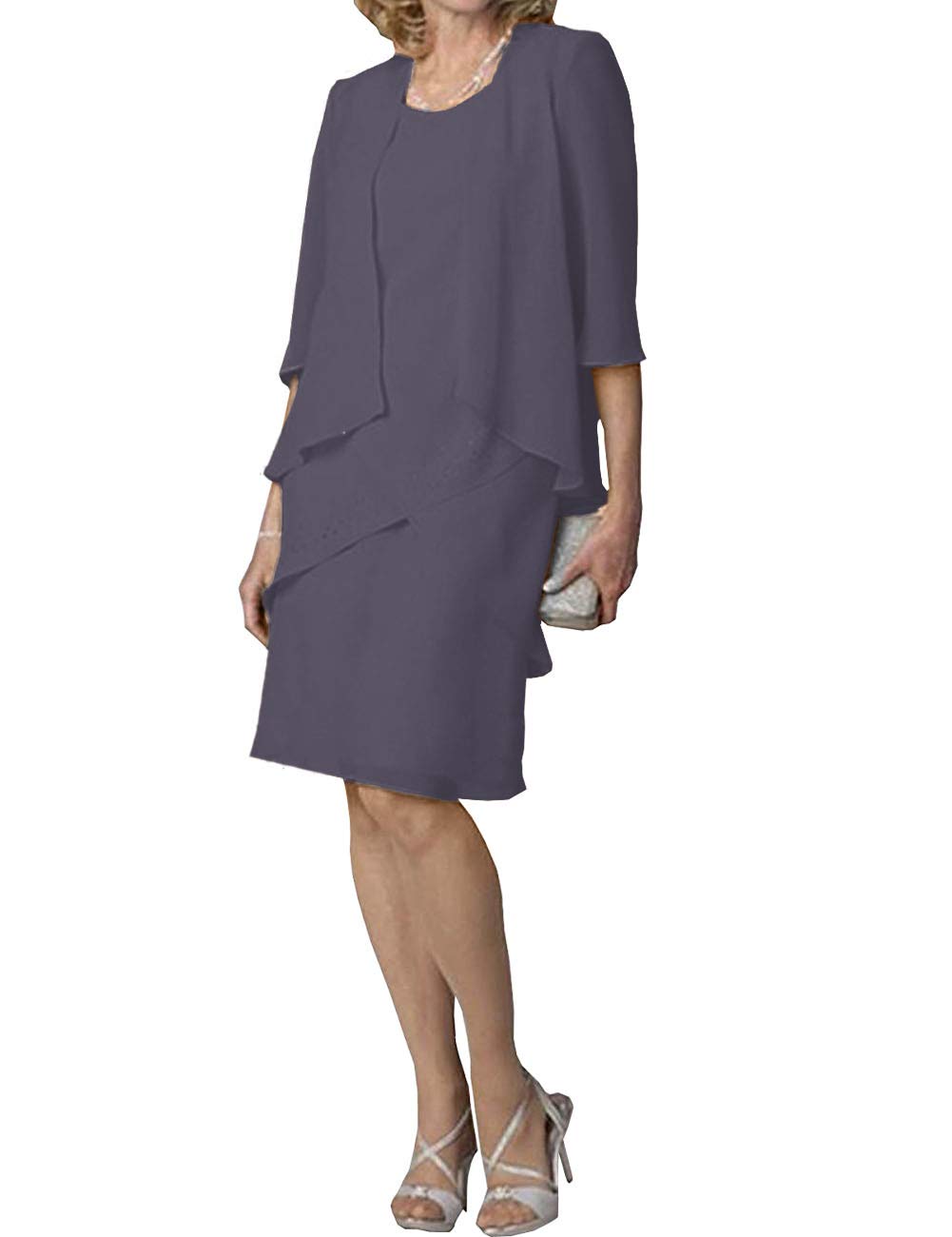 Elegant Mother of The Bride Dresses - Short Formal Evening Gown with 3/4 Sleeve Chiffon Jacket & Tiered Skirt | Perfect for Weddings, Cocktail Parties & Special Occasions