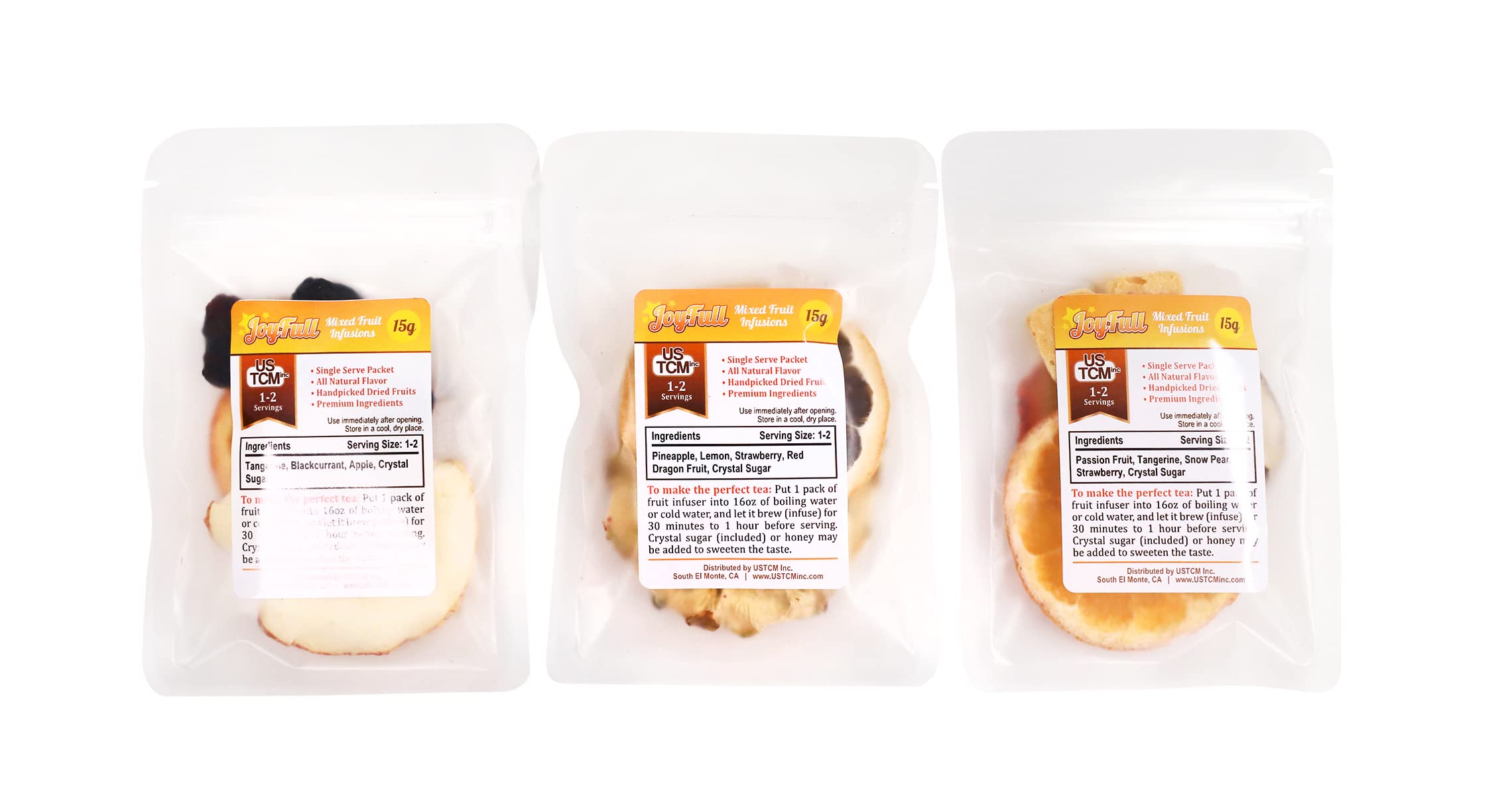 USTCM JoyFull Mixed Fruit Infusions Tea - All Natural Dried Fruits Blend (15g, Variety Pack of 3) | Herbal Tea for Relaxation, Iced Tea & Healthy Beverages | Perfect for Home, Office & Gifts