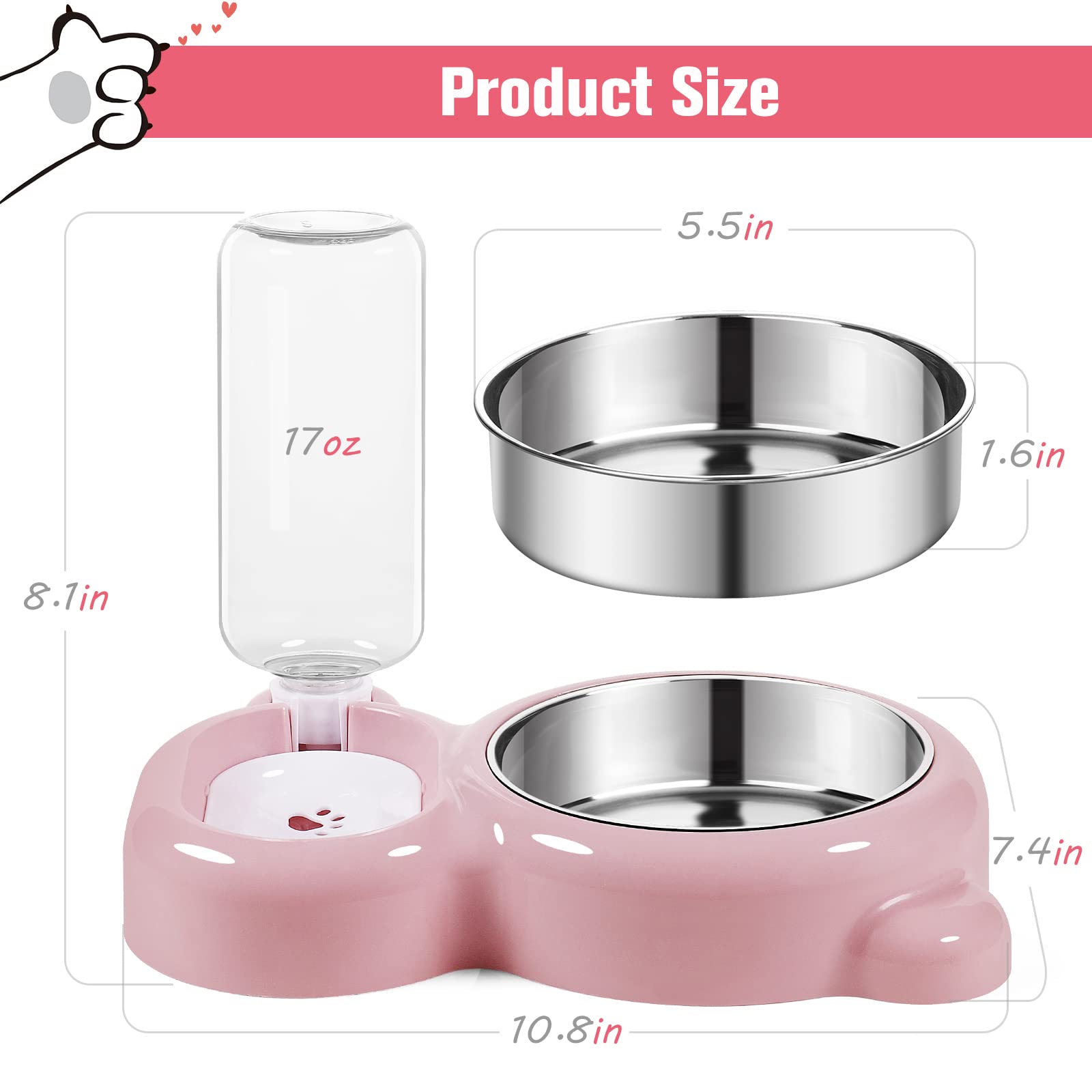 Stainless Steel Cat and Small Dog Bowls Set with Water Dispenser - Non-Slip Pet Food and Water Dishes for Indoor/Outdoor Use - Pink (Perfect for Home, Travel, and Outdoor Adventures)