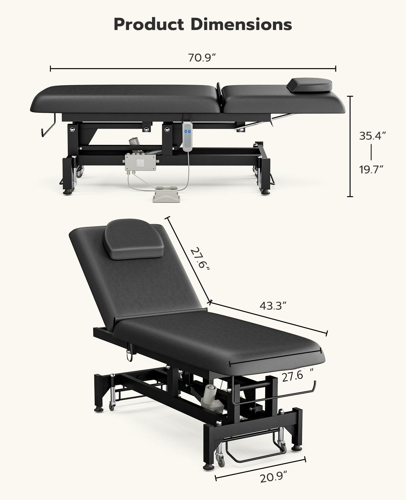 Professional Electric Lift Massage Table for Estheticians & Salons - Adjustable Facial Treatment Bed with Backrest | Physical Therapy & Waxing Table w/Stool (Black) - Perfect for Spa, Beauty Salon & Home Use