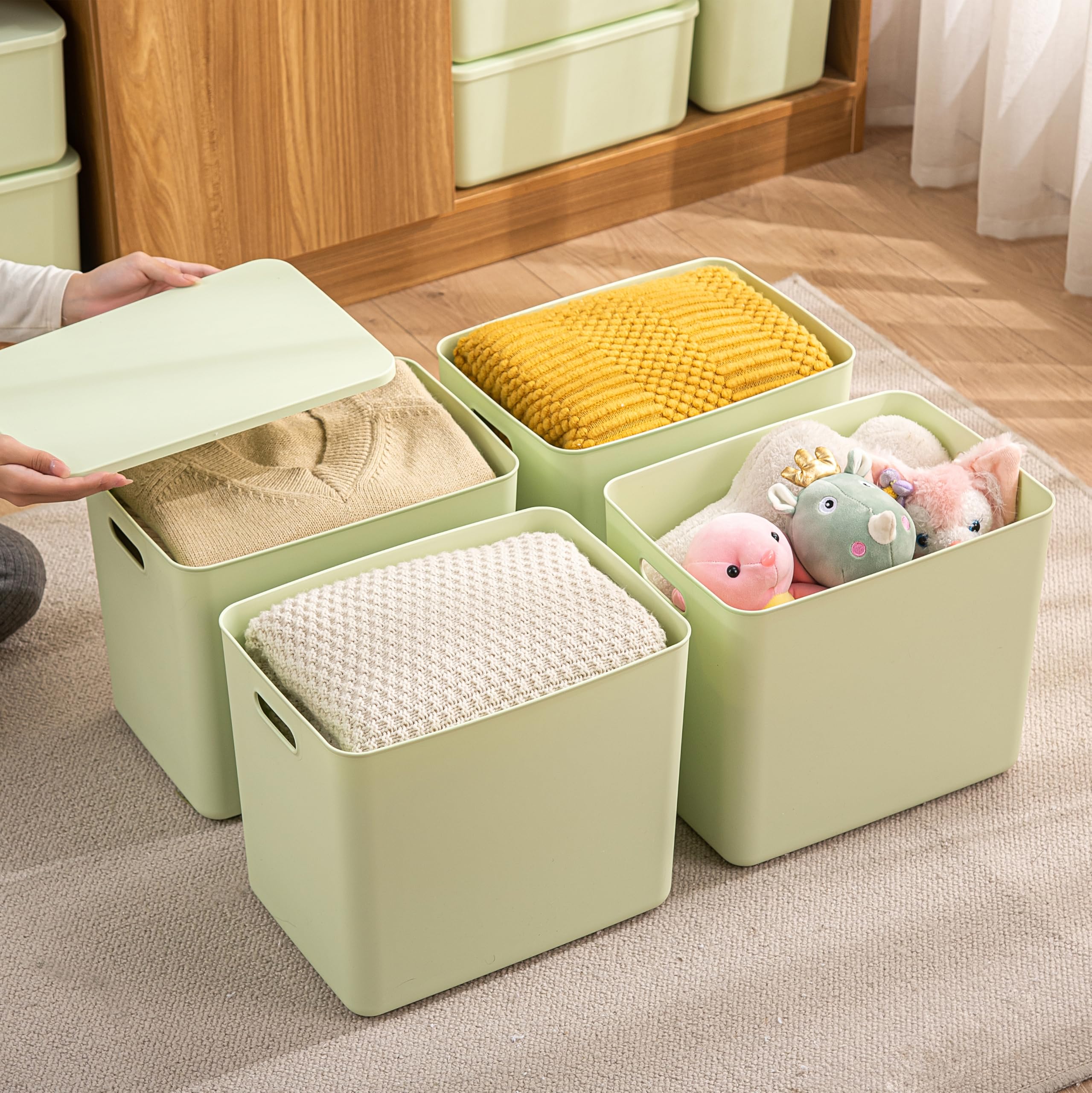 4-Pack Large White Plastic Storage Bins with Lids & Handles - Organizer Baskets for Toys, Baby Clothes, Snacks | Nursery, Playroom, Bedroom, Office & Closet Organization Solutions