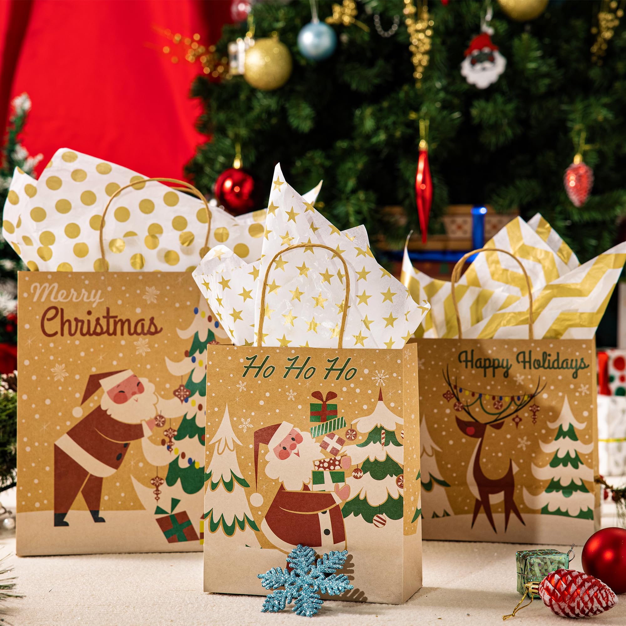 JOYIN 24-Piece Christmas Kraft Gift Bags Set - Assorted Holiday Designs for Wrapping Presents (Classic Style, Tissue Paper Not Included) - Perfect for Christmas Party Favors, Stocking Stuffers & Holiday Gift Giving