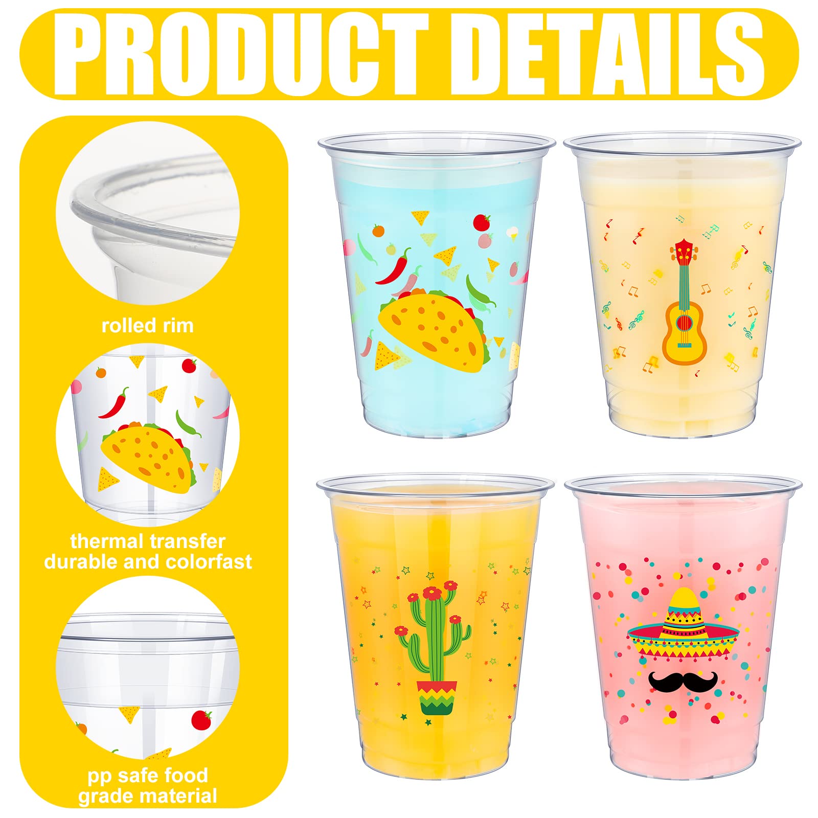 Meekoo 100-Pack 12 oz Clear Plastic Fiesta Cups - Disposable Mexican Party Cups for Cinco de Mayo, Taco Night & Birthday Celebrations - Bulk Drinkware Supplies in 4 Fun Styles - Perfect for Margaritas, Cocktails & Party Decorations
