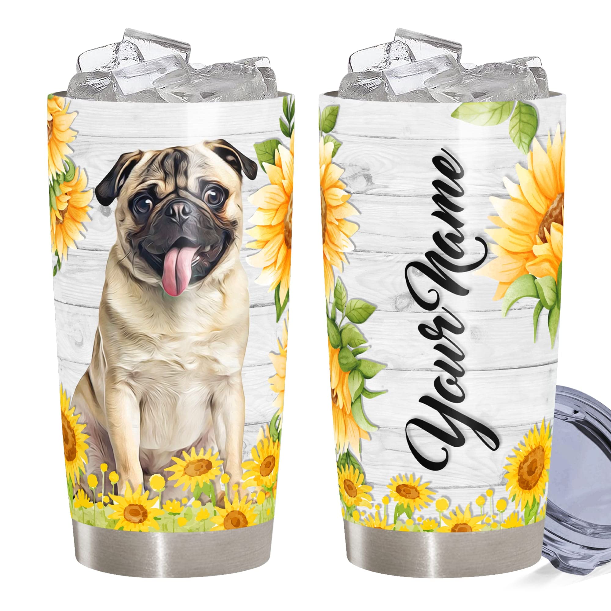 Personalized 20oz Stainless Steel Pug Dog Tumbler with Sunflower Design - Insulated Travel Coffee Mug for Pug Lovers - Perfect for Office, Commuting & Outdoor Adventures