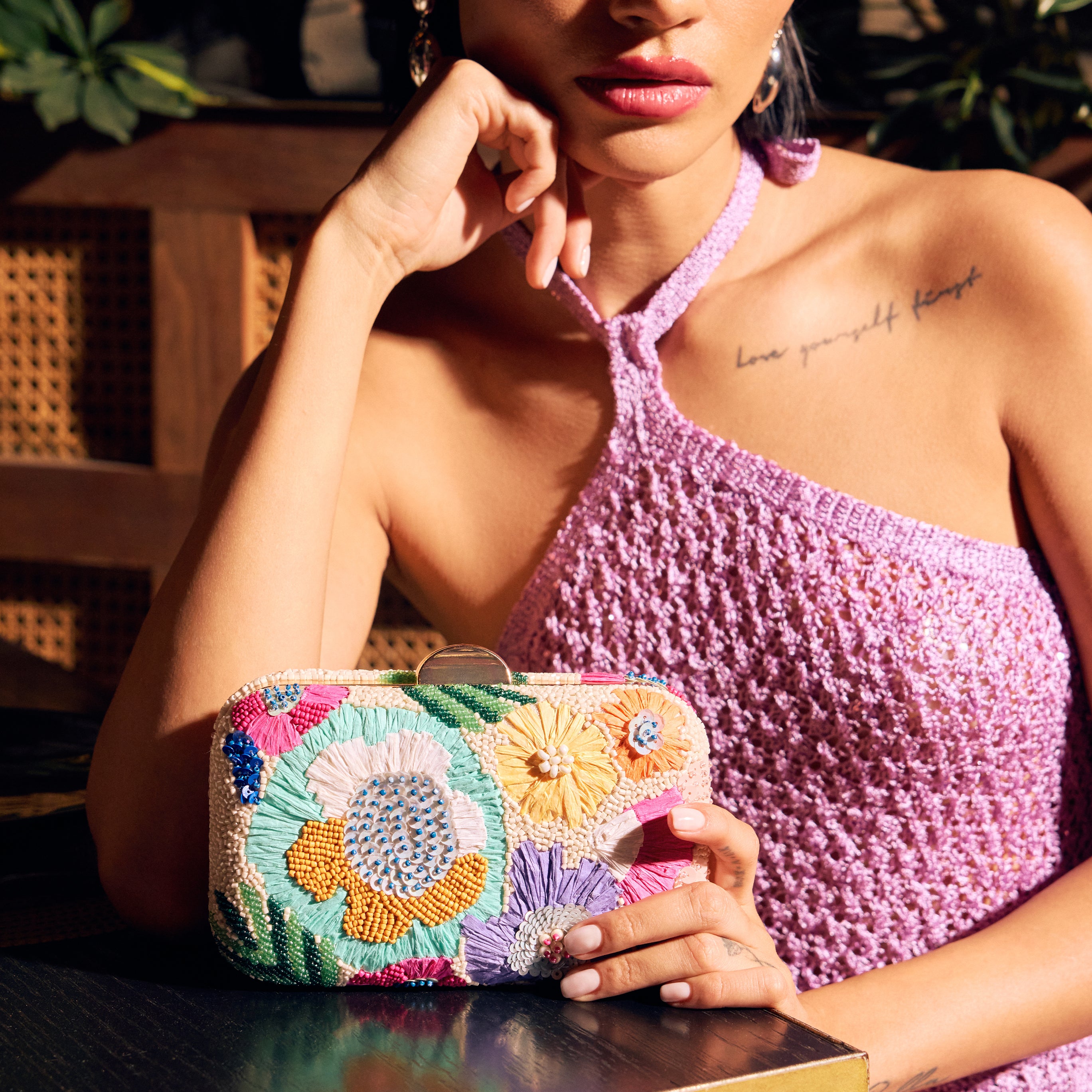 Pastel Multi Beaded Daisy Clutch - Elegant Women's Evening Bag for Parties, Weddings & Special Occasions