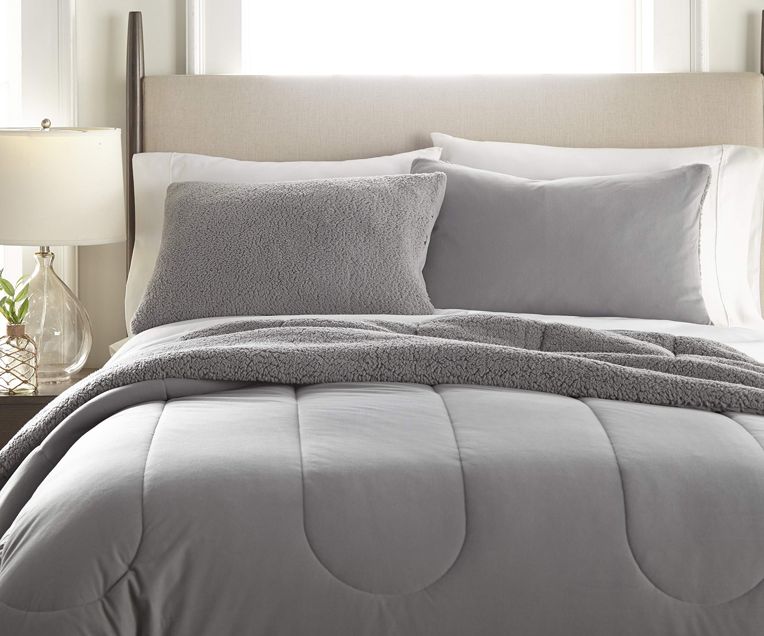 Thermee Micro Flannel Comforter Set with 2 Pillow Shams - No Shrink, No Pill, Machine Washable - Slate Grey King Size - Cozy Bedding for Winter & Cold Weather Comfort