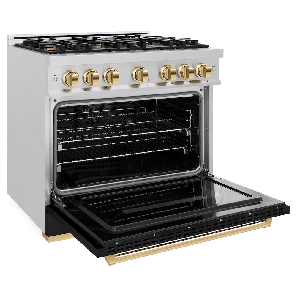 ZLINE Autograph Edition 36 Inch 5.2 cu ft Gas Range - 6 Burner Cooktop & Convection Oven - Satin Stainless Steel with Black Matte Door & Gold Accents - Perfect for Professional Kitchens & Modern Homes (CGRSZ BLM 36 G)