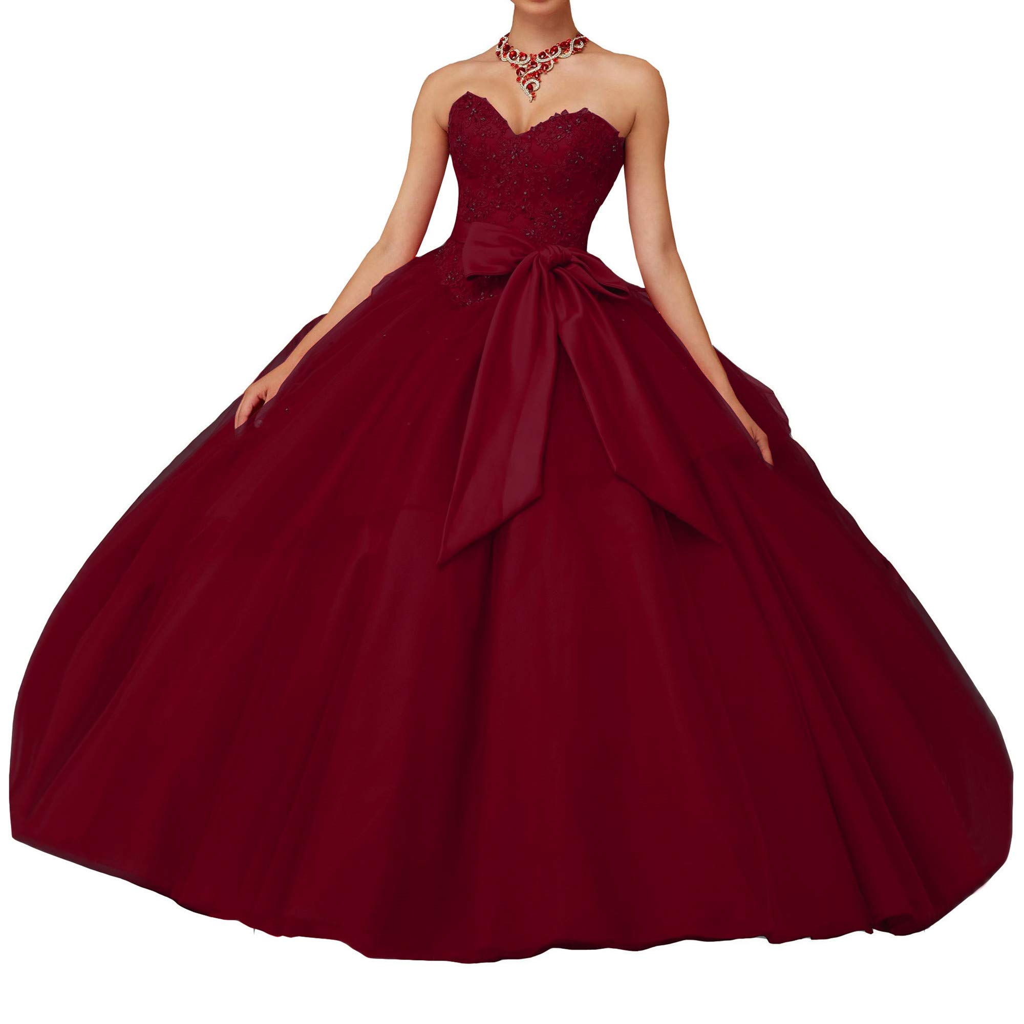 Emmani Women's Sweetheart Neckline Lace Applique Beaded Quinceanera Prom Dress - Crimson Sweet 15 Birthday Party Gown for Formal Dances, Homecoming & Special Occasions