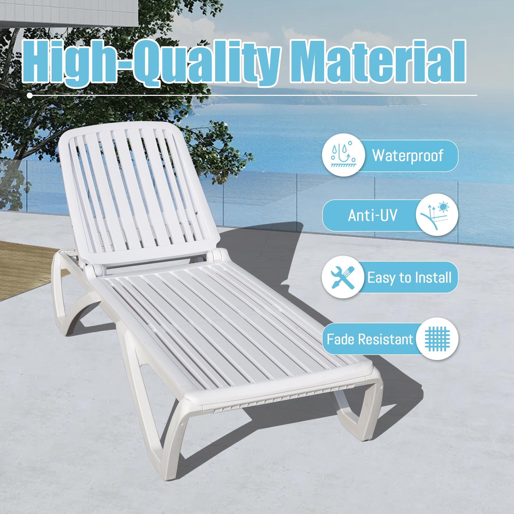 Domi Patio Chaise Lounge - All-Weather Adjustable Reclining Outdoor Lounge Chair with Wheels, Stackable Plastic Tanning Chair for Beach, Garden, Lawn, Poolside Relaxation | Perfect for Sunbathing, Lounging by the Pool, or Backyard Relaxation