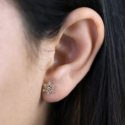 14K Yellow Gold Snowflake CZ Stud Earrings for Women - Hypoallergenic Cubic Zirconia Holiday Jewelry Gift for Christmas, Winter Parties & Special Occasions