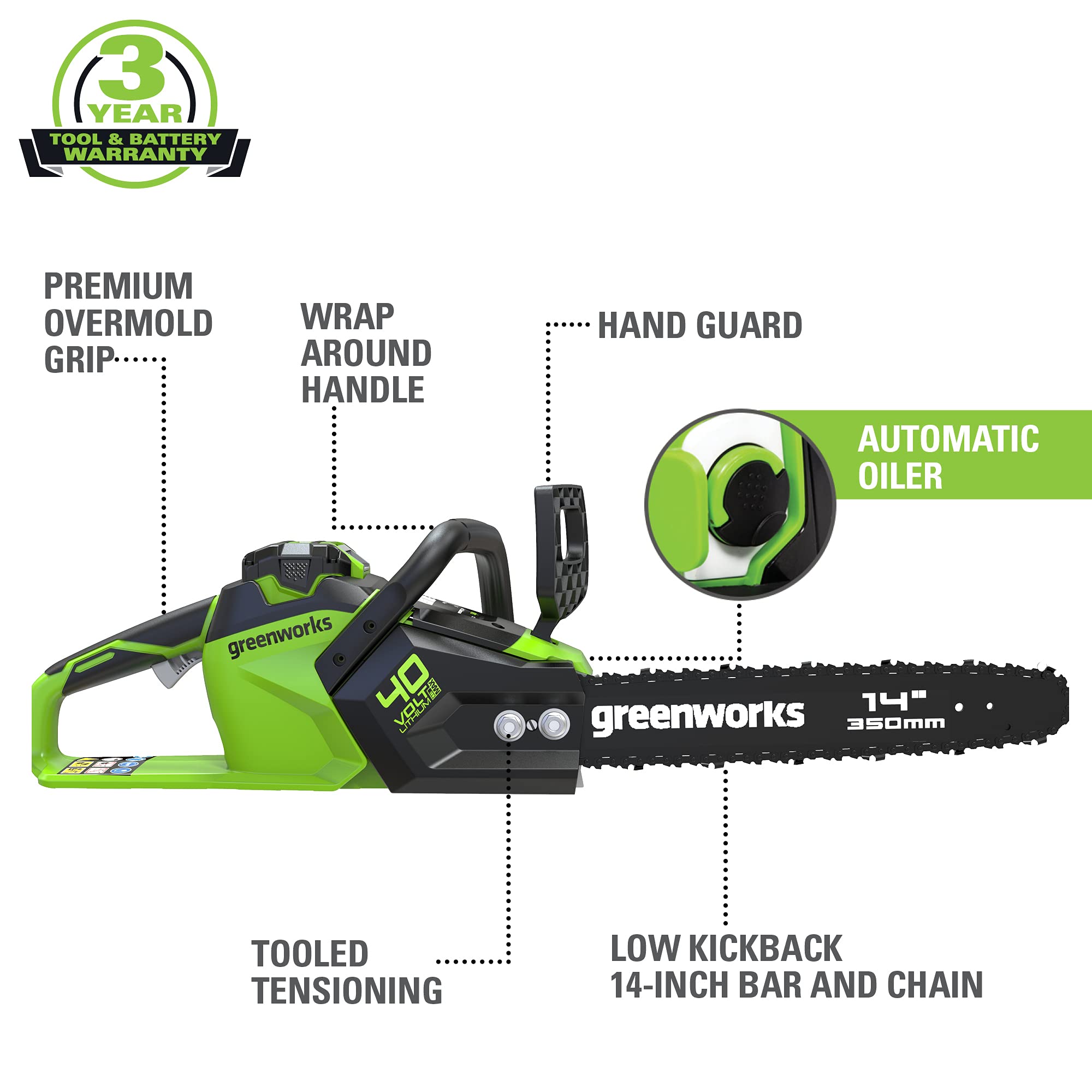 Greenworks 40V 14-Inch Cordless Chainsaw with 2.5Ah Battery & USB Charger - Lightweight Electric Chainsaw for Tree Trimming, Yard Cleanup & Firewood Cutting