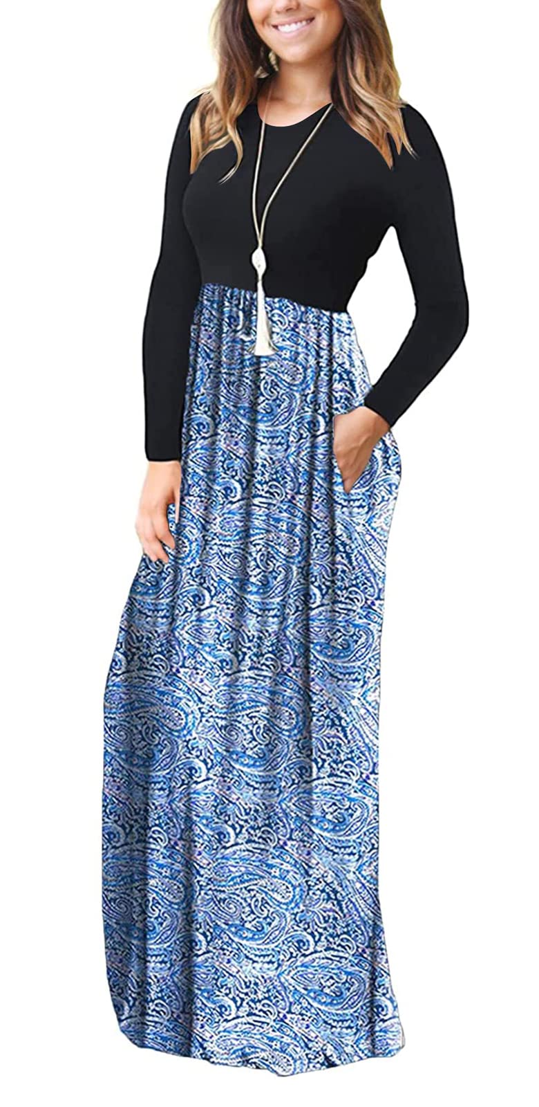 OURS Women's Casual Maxi Dress with Pockets - Short/Long Sleeve Empire Waist Flowy Long Dress for Beach, Wedding & Everyday Wear