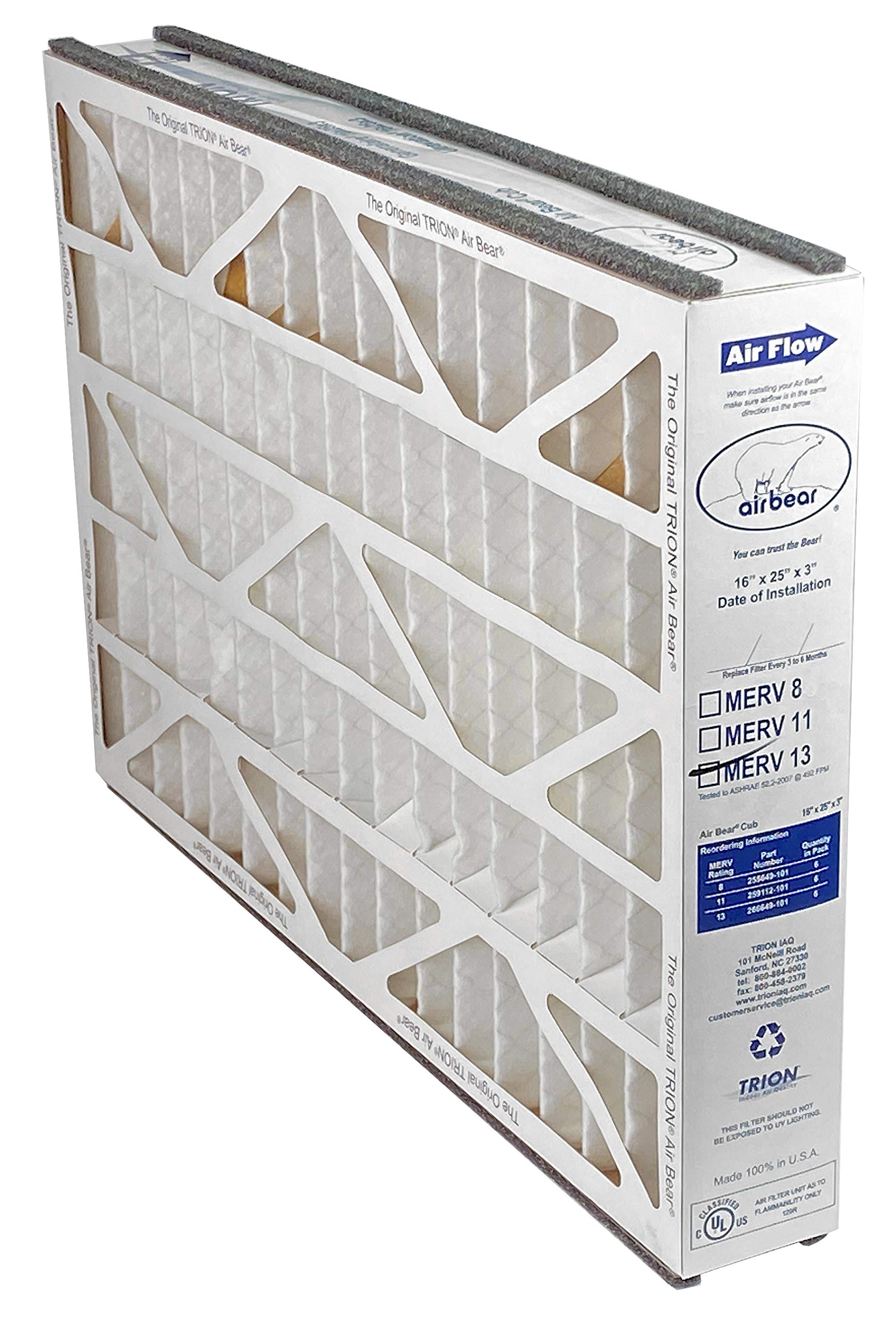 Trion Air Bear 266649-101 MERV 13 Pleated Air Filter 16x25x3 Inch - High Efficiency HVAC Furnace AC Replacement Filter for Home & Office Air Purification