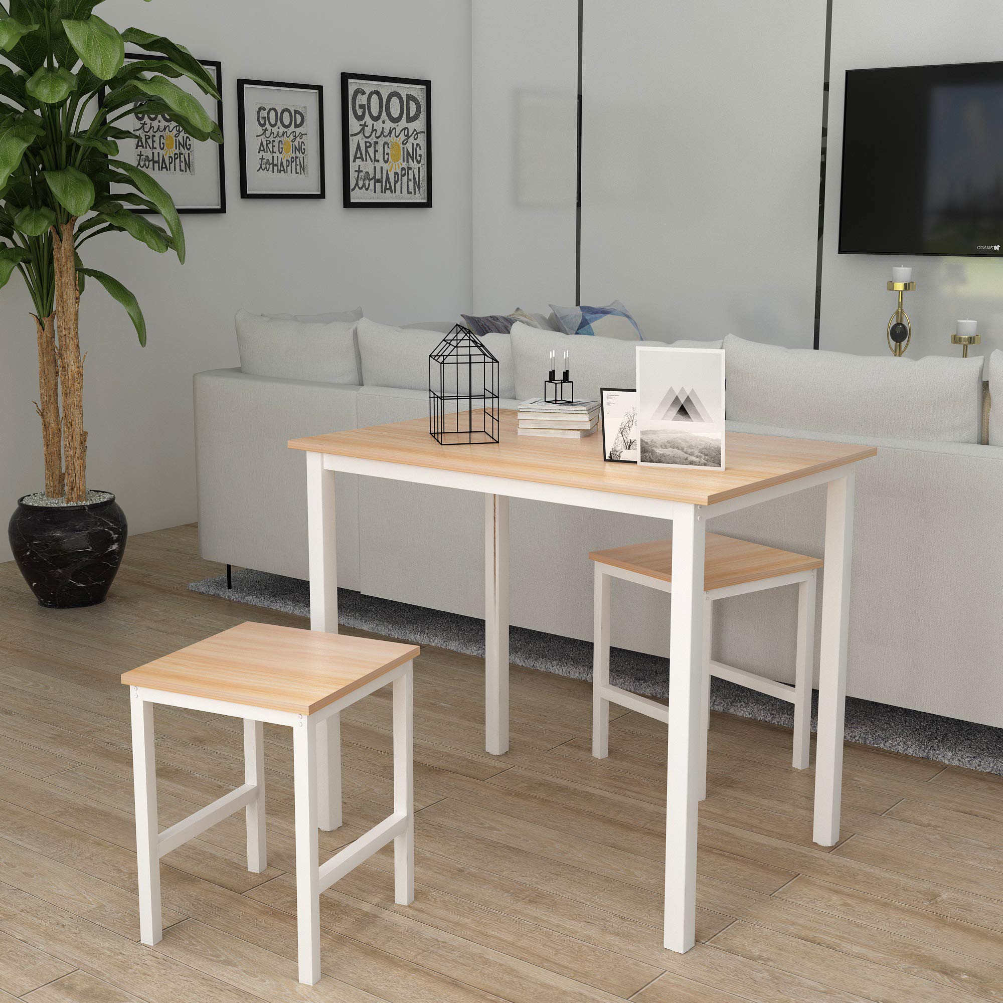 Tantohom 3-Piece Industrial Bar Table Set for 2 - 47in Compact Kitchen & Dining Table with Metal Frame & Stools - Space-Saving Breakfast Nook Set for Small Spaces, Living Room, Party Room (Beige) - Perfect for Apartments, Studios & Cozy Gatherings